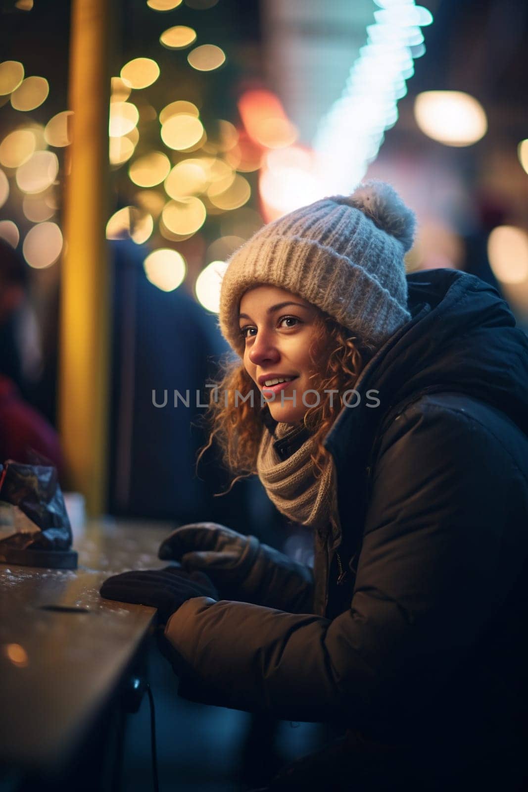 A woman wearing a knit hat and scarf sitting at a table by chrisroll