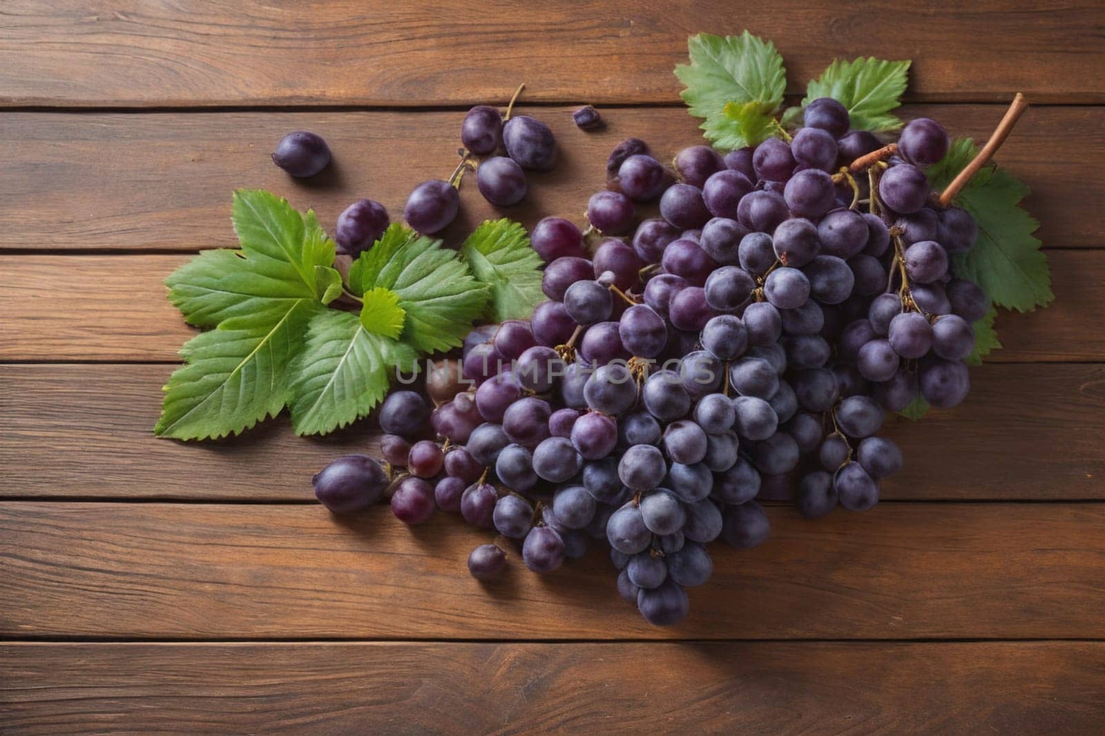 Bunch of fresh grapes on wooden table. Vintage style toned picture. ai generative