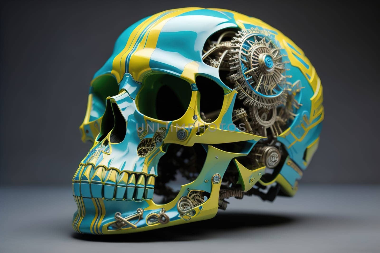 Human skull with gears and cogwheels. ai generative