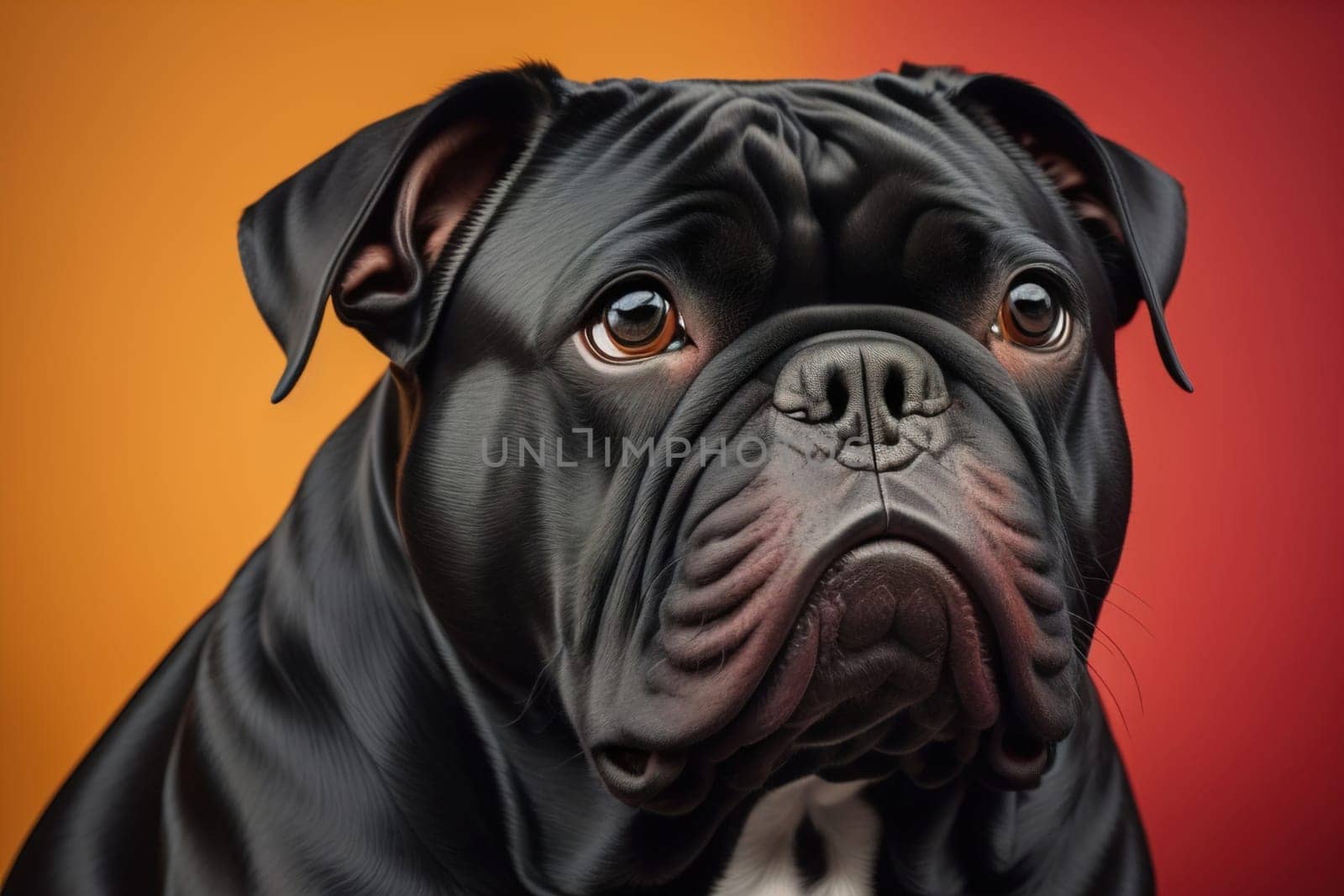 Close up portrait of a cute black dog on a orange background. ai generative