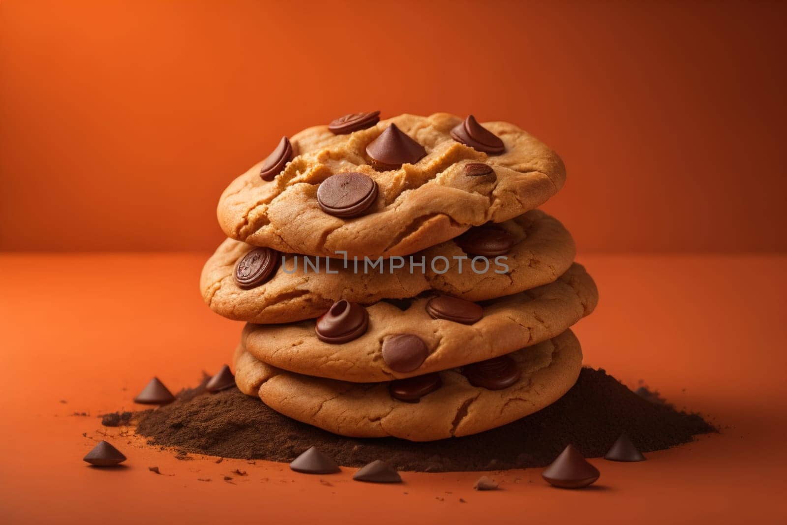 Chocolate chip cookies on orange background. Close up. Selective focus. ai generative