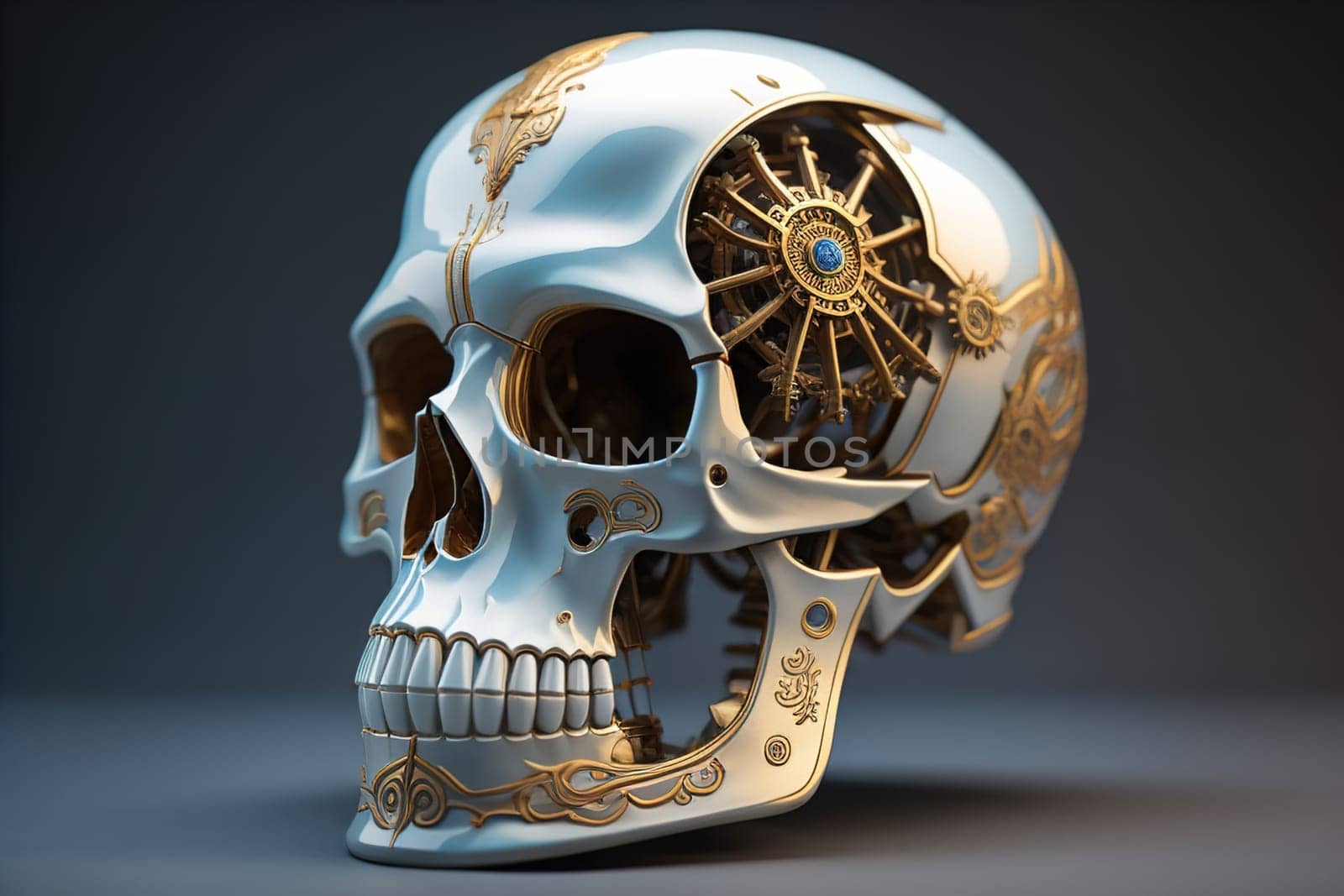 Human skull with gears and cogwheels. ai generative