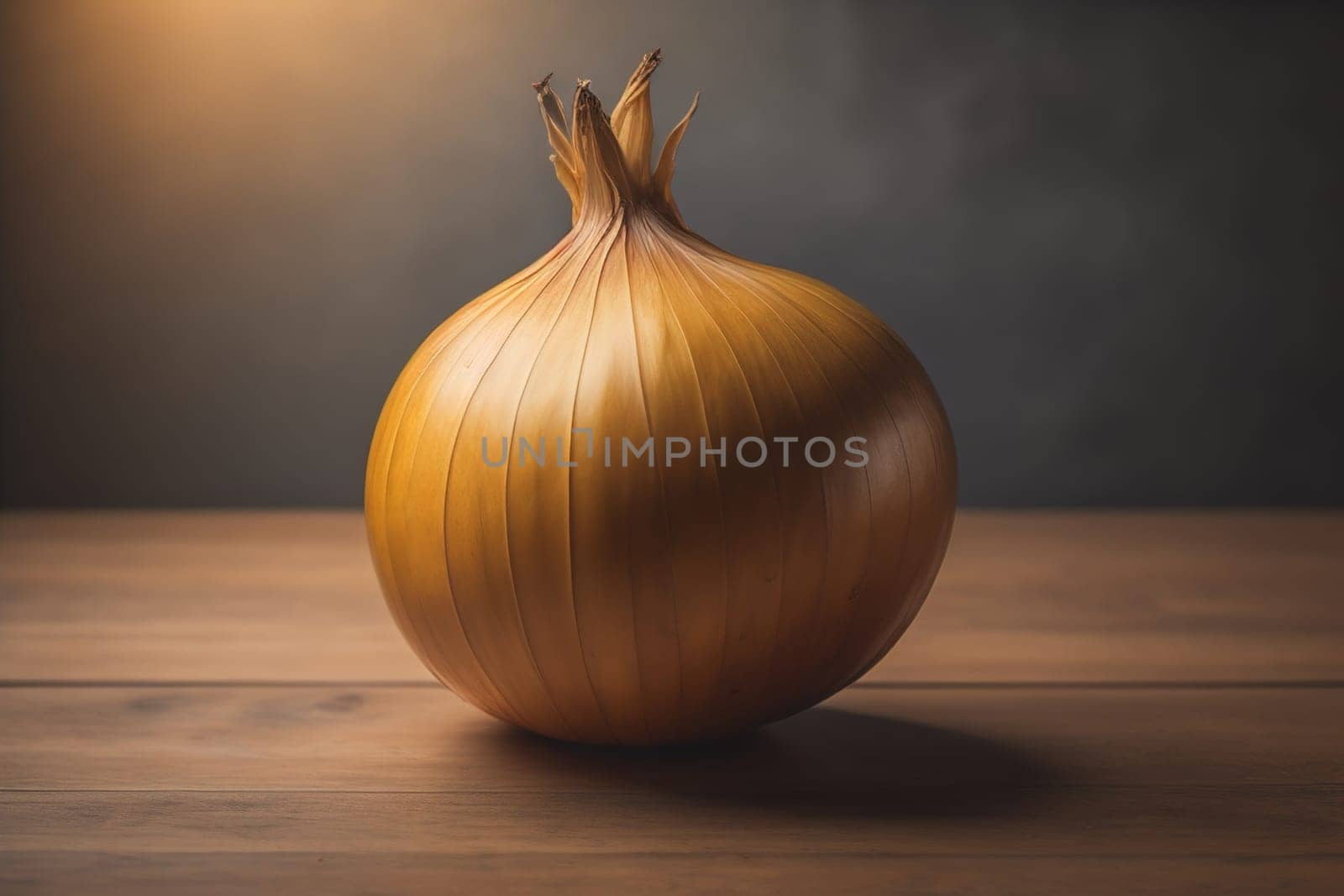 Three onions on a wooden table in front of a solid color background. ai generative
