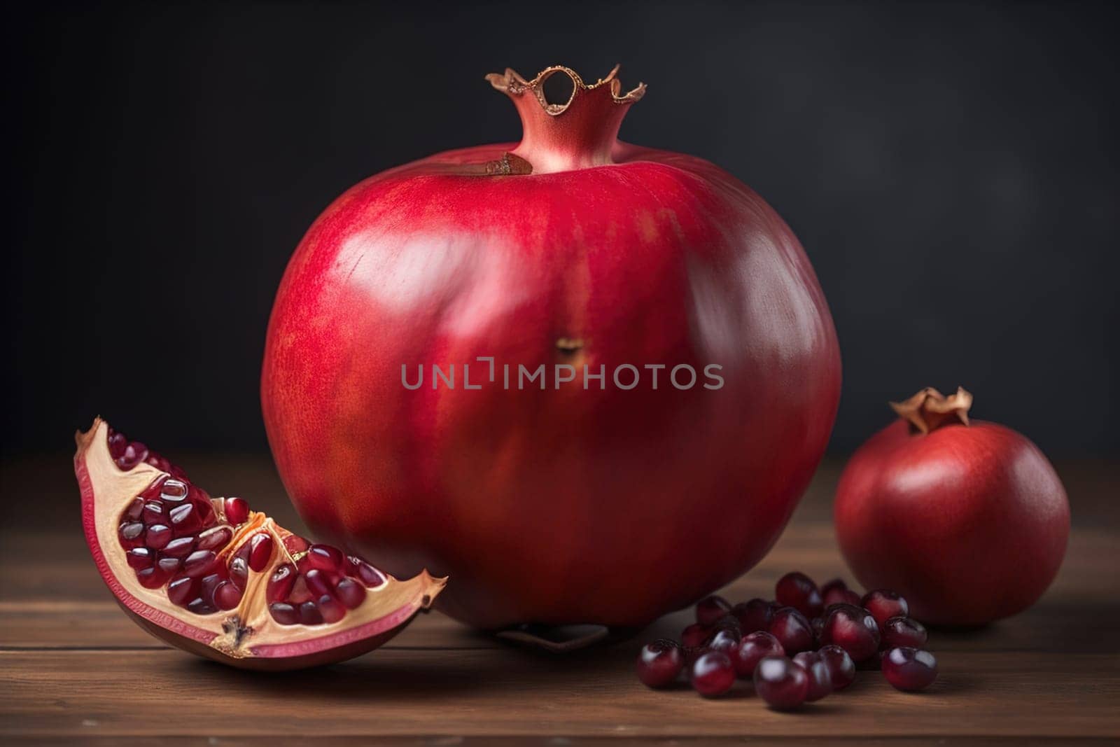 Ripe pomegranate fruit on a wooden background. Still life. ai generative