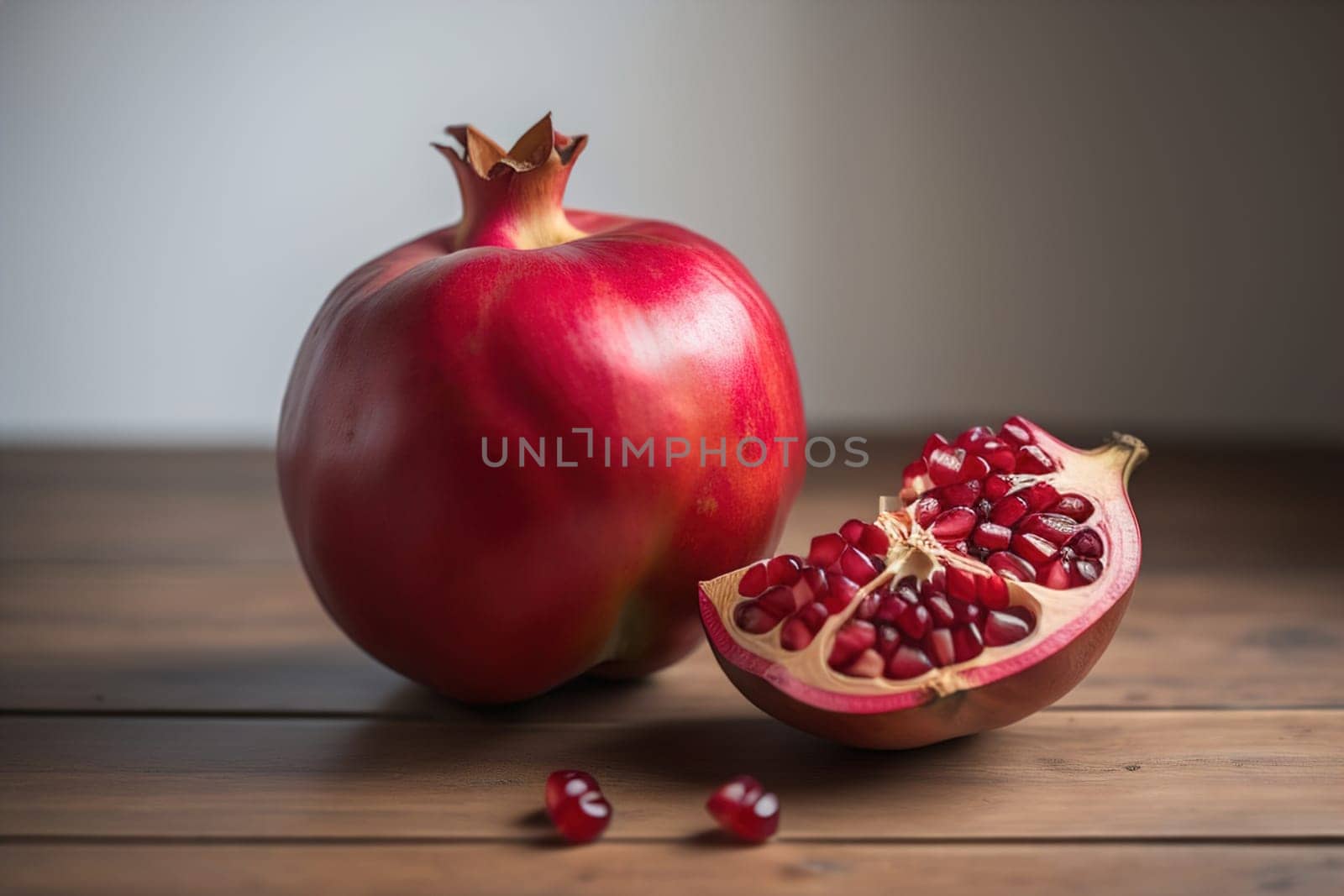 Ripe pomegranate fruit on a wooden background. Still life. ai generative