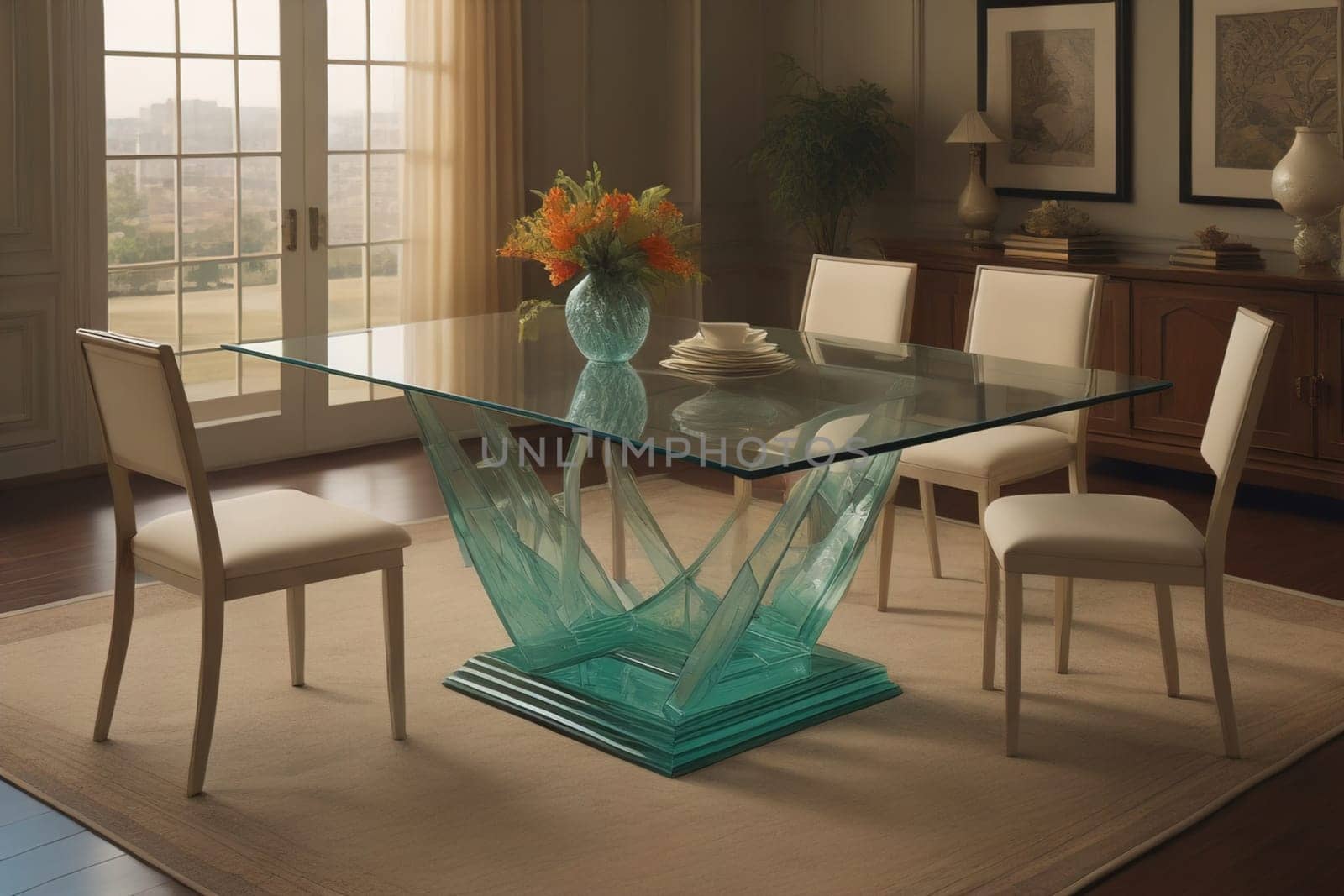 a glass table in a room. ai generative