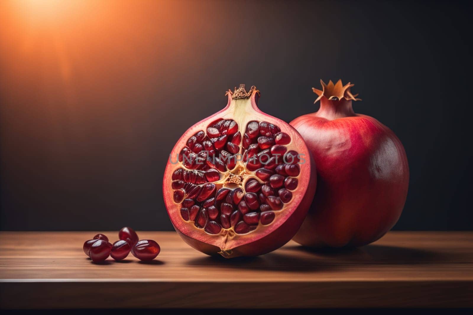 Ripe pomegranate fruit on a wooden background. Still life. ai generative