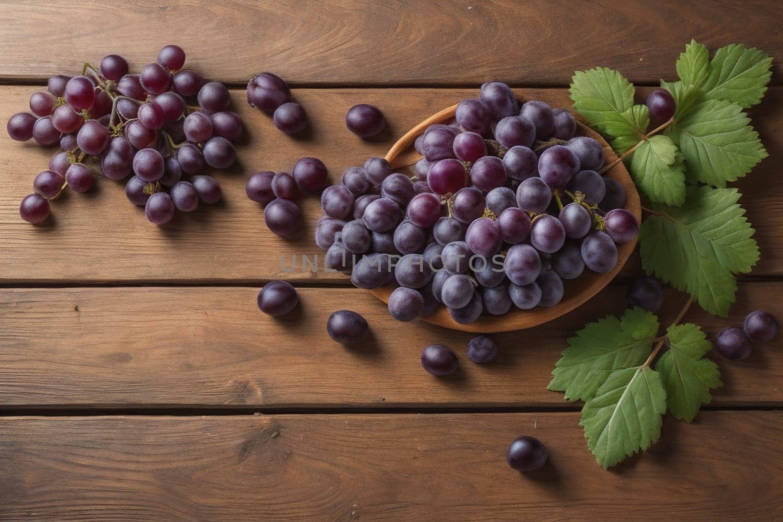 Bunch of fresh grapes on wooden table. Vintage style toned picture. ai generative