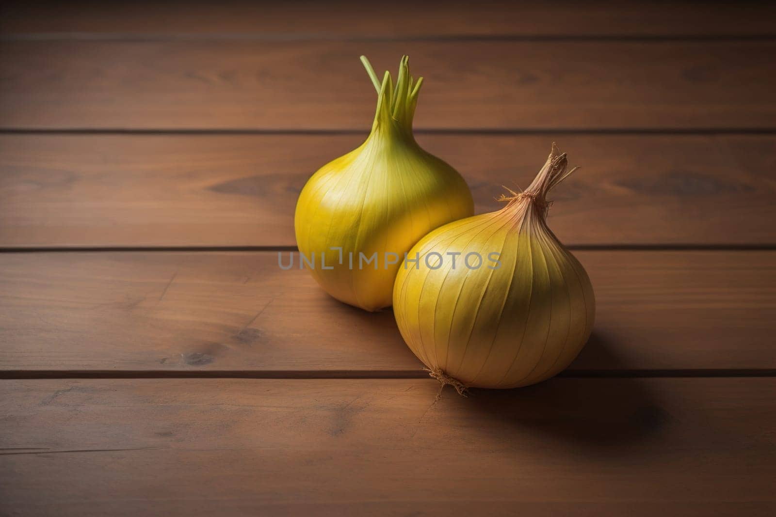 Three onions on a wooden table in front of a solid color background. ai generative by sanisra