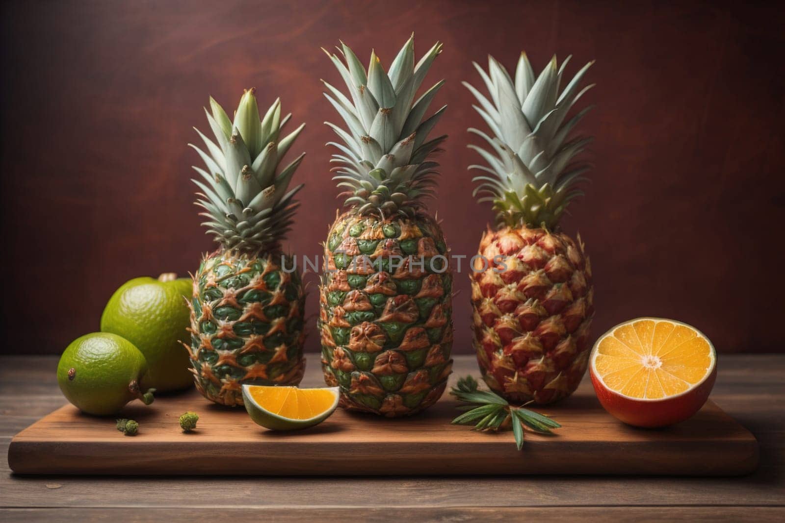 Pineapples on a wooden background. ai generative by sanisra