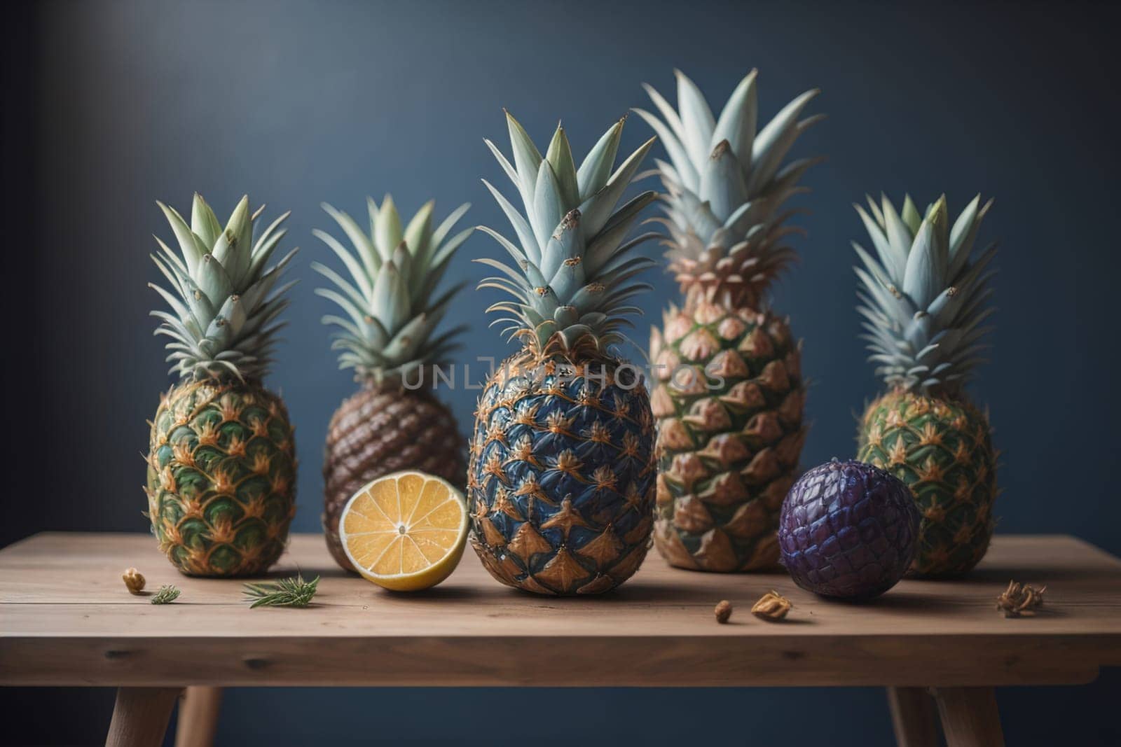 Pineapples on a wooden background. ai generative