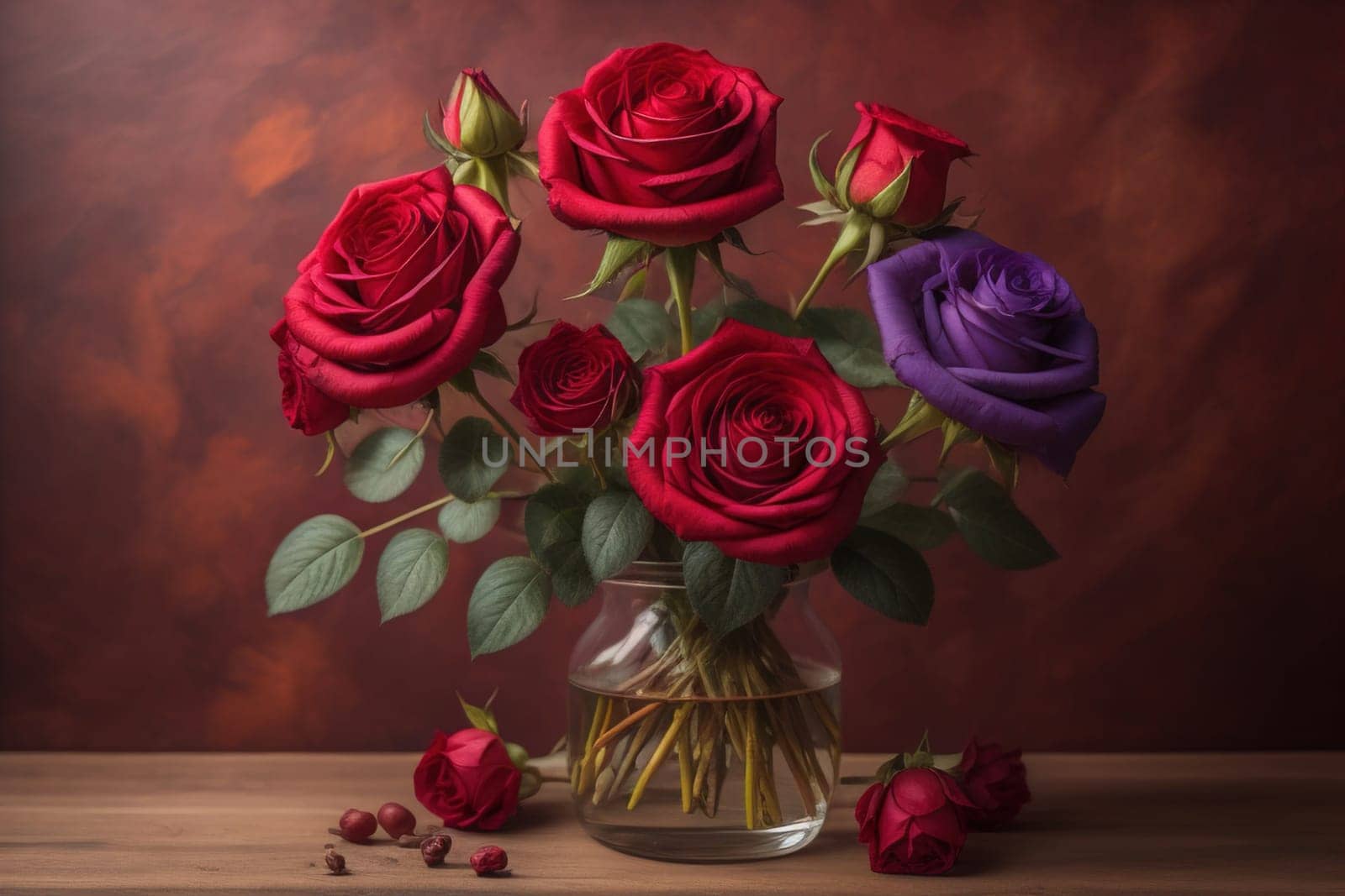 Red roses background. Top view of beautiful red roses with green leaves. ai generative