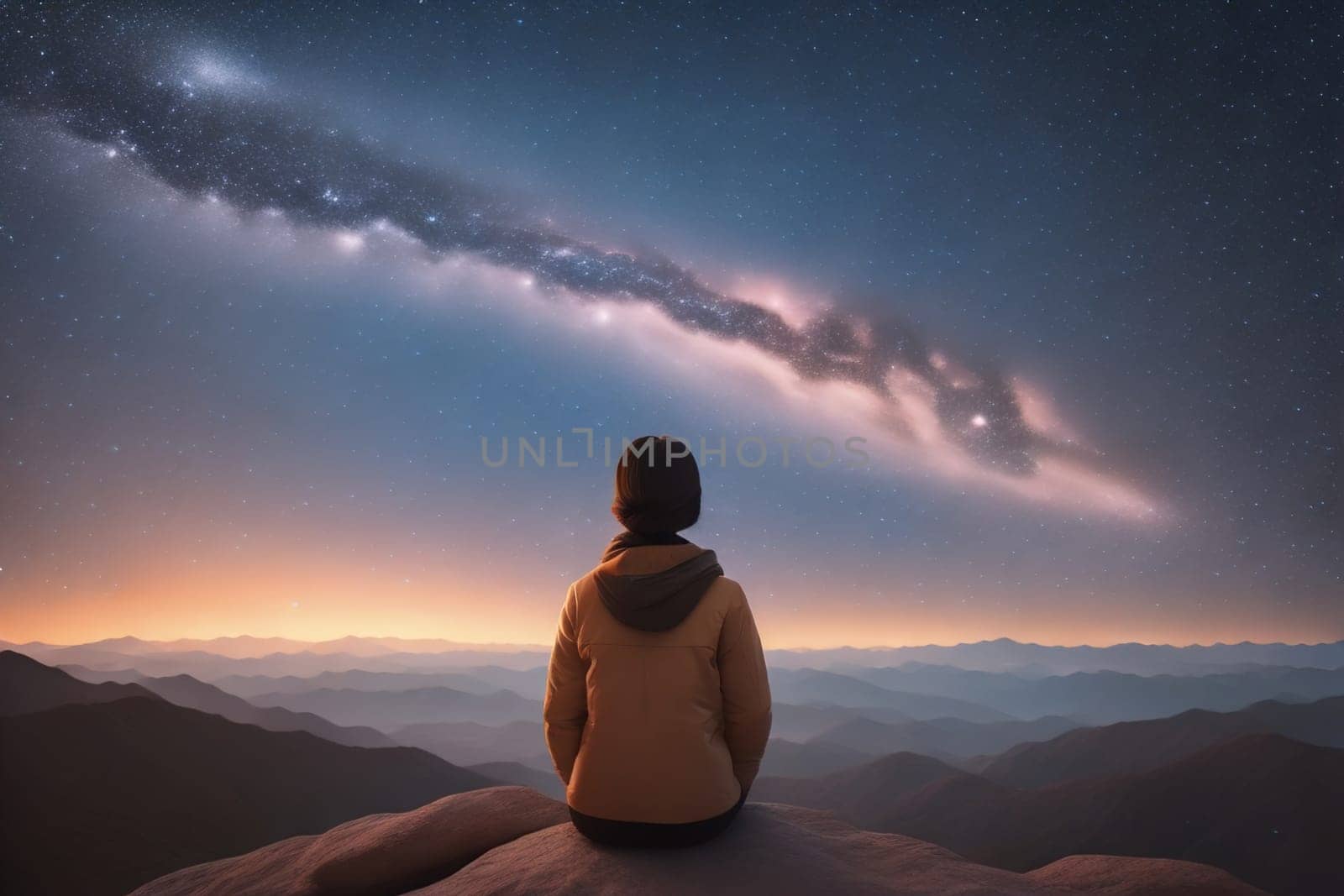 Woman looking at the starry sky with milky way in the mountains. ai generative by sanisra