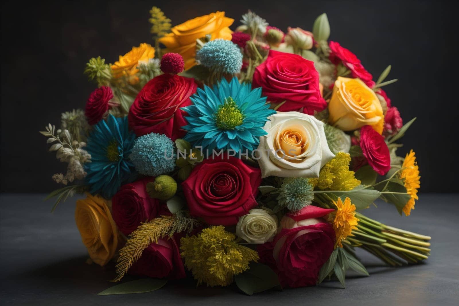 wedding bouquet of different colors on a solid color background. ai generative