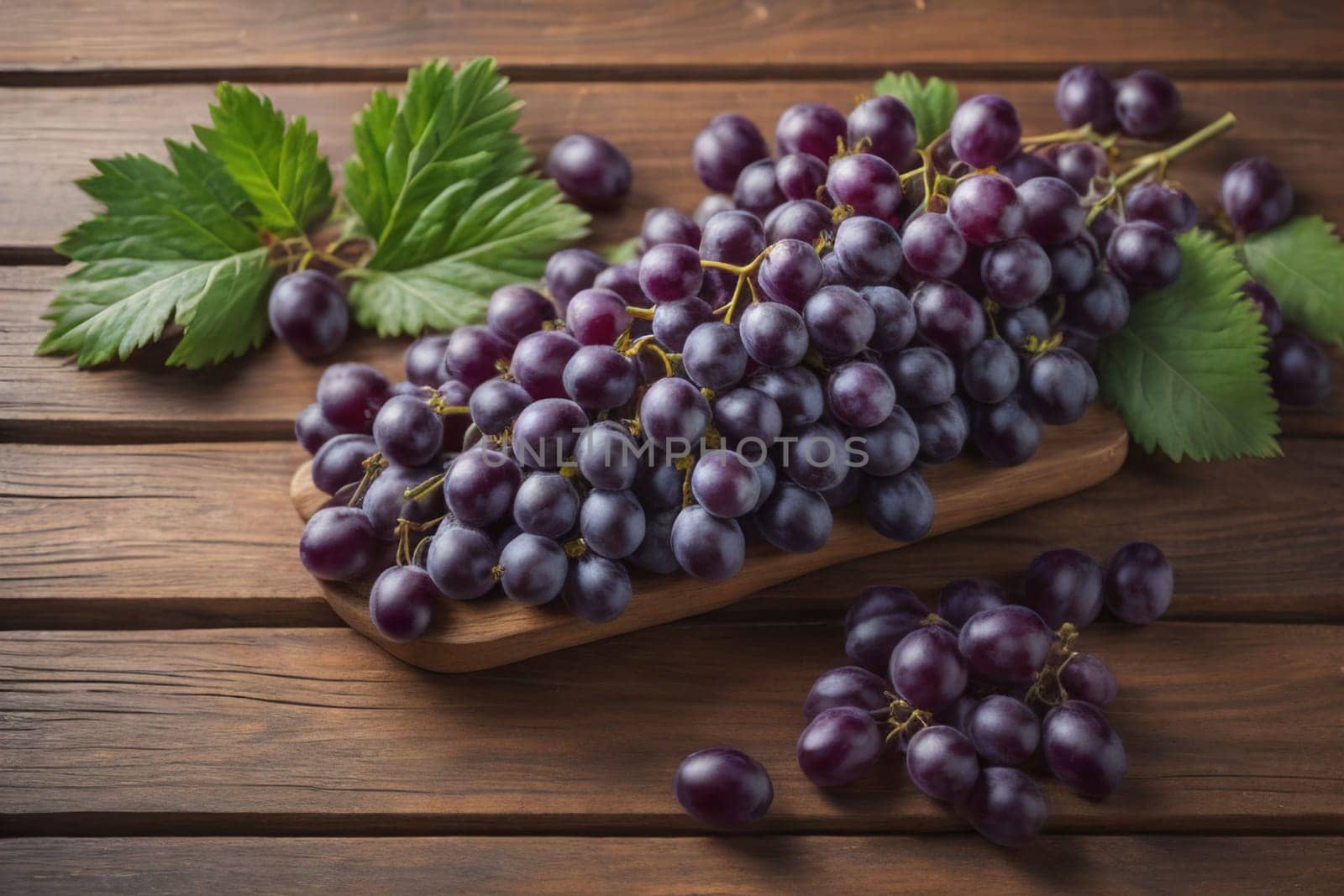 Bunch of fresh grapes on wooden table. Vintage style toned picture. ai generative by sanisra