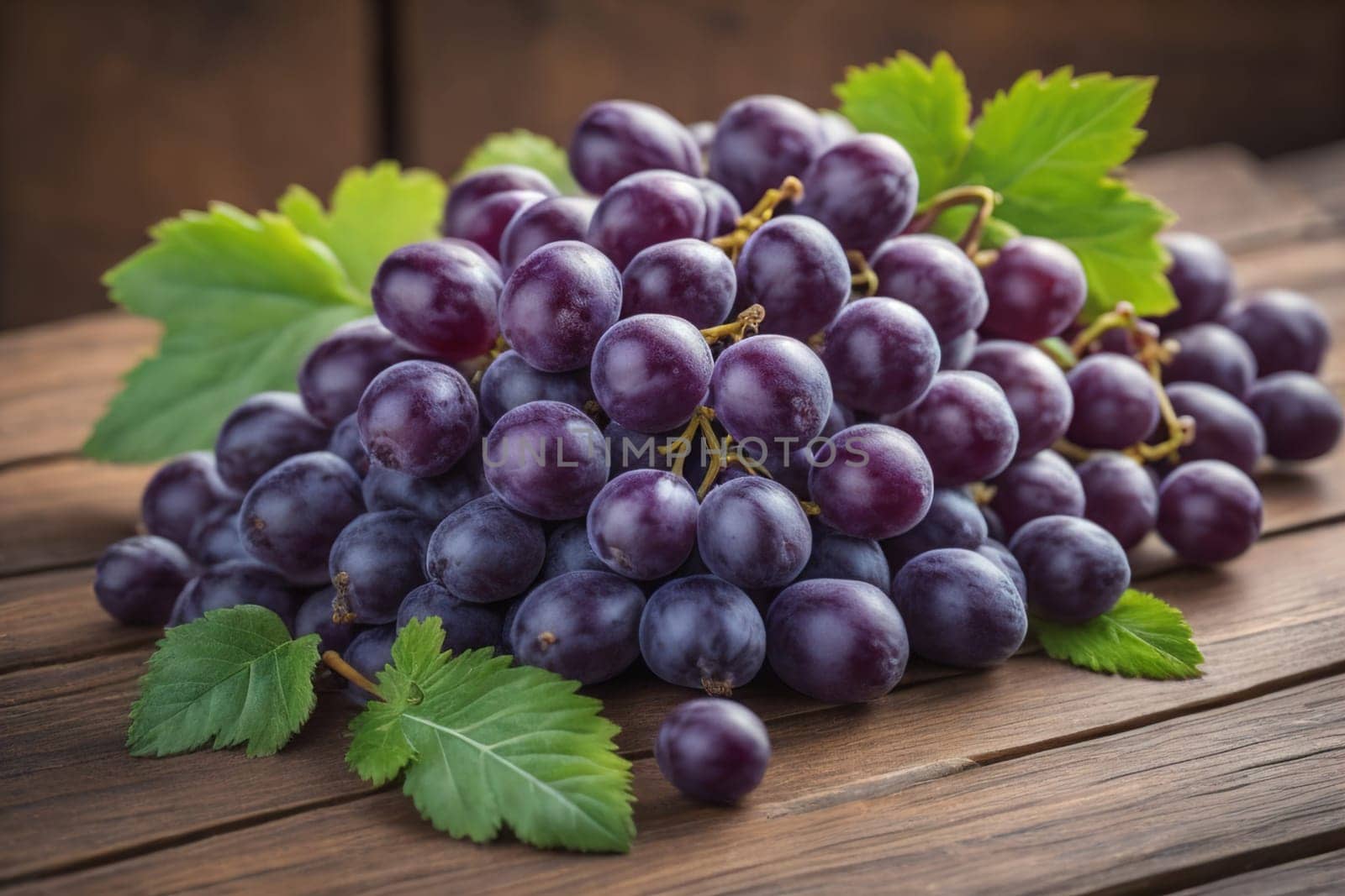 Bunch of fresh grapes on wooden table. Vintage style toned picture. ai generative