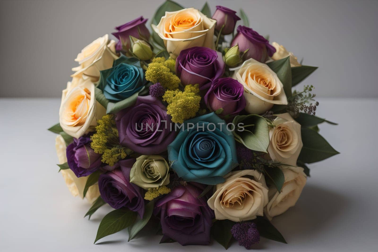 wedding bouquet of different colors on a solid color background. ai generative