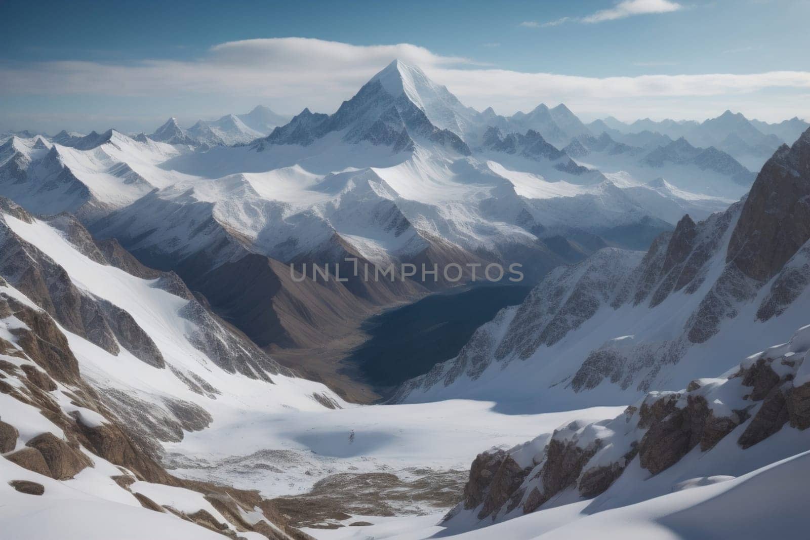 Mountains and snow-capped peaks of the Caucasus Mountains. ai generative