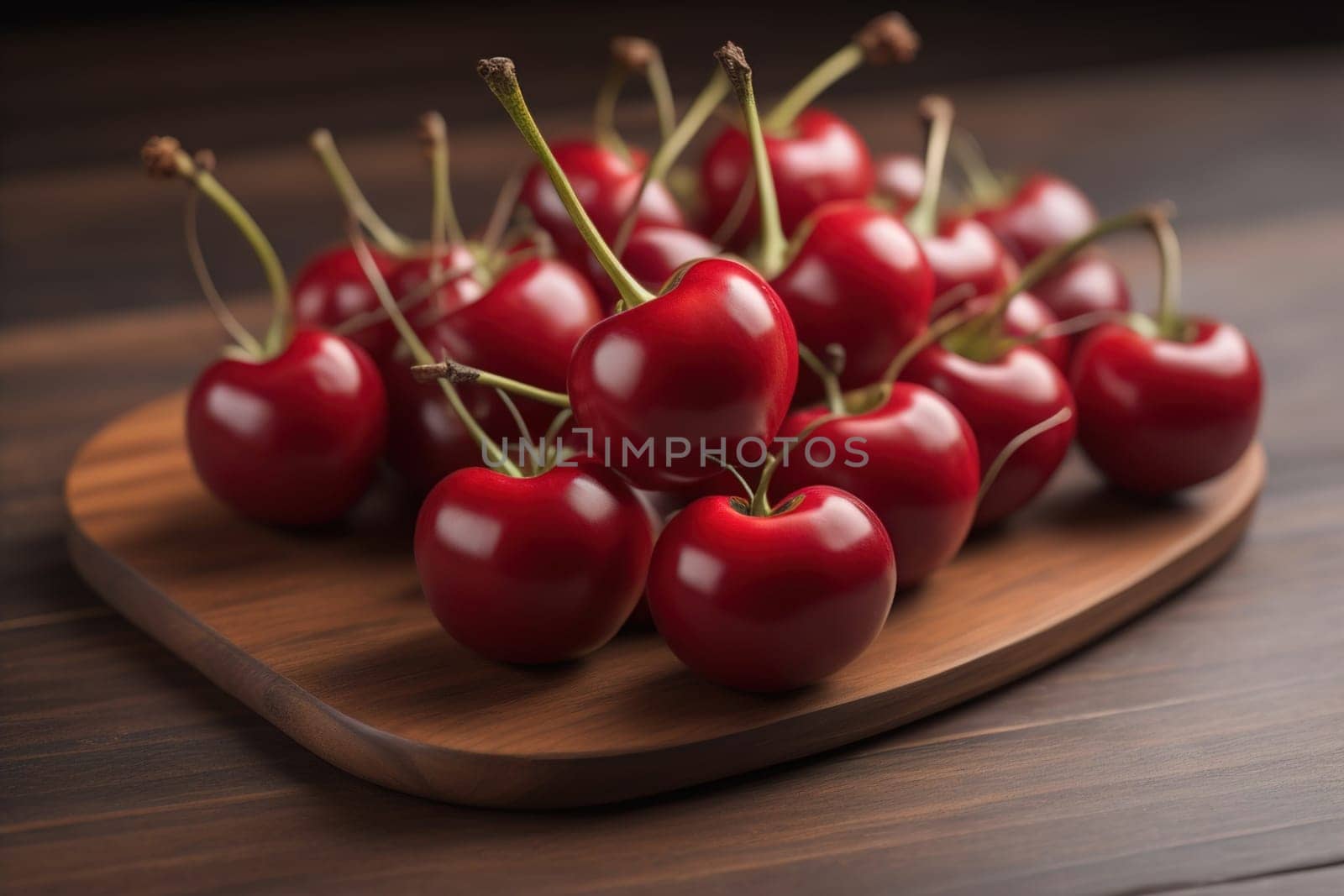 Red cherries on a wooden background. Close up. Selective focus. ai generative