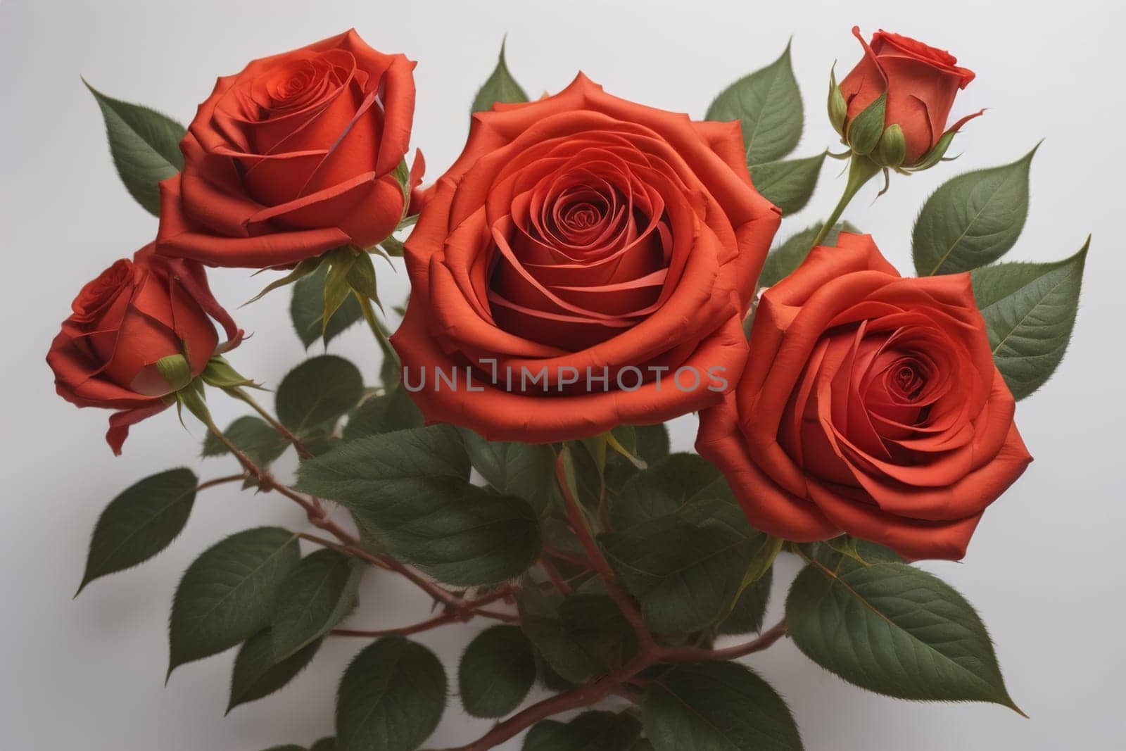 Red roses background. Top view of beautiful red roses with green leaves. ai generative by sanisra