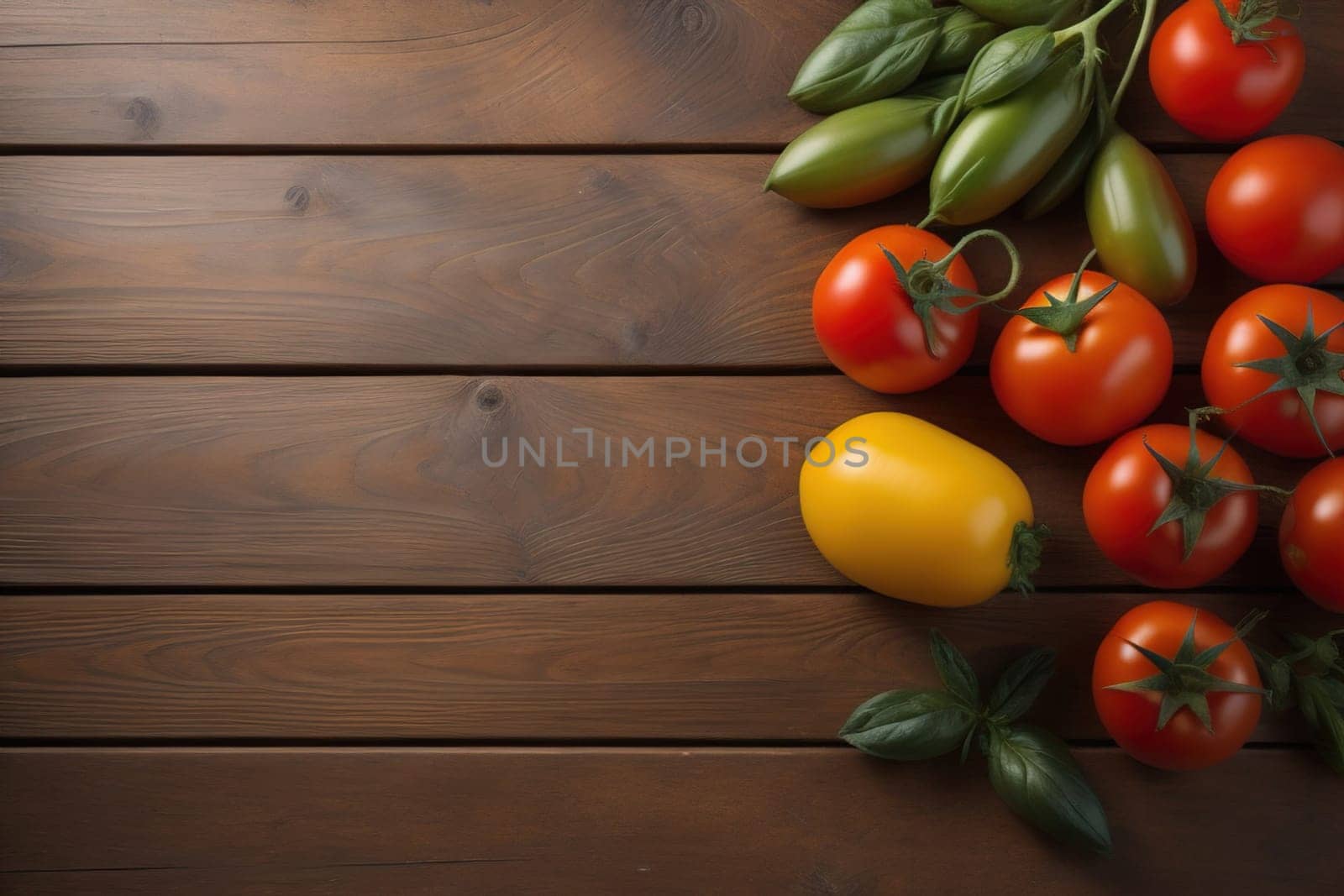 Tomatoes on a wooden table on a dark background. ai generative