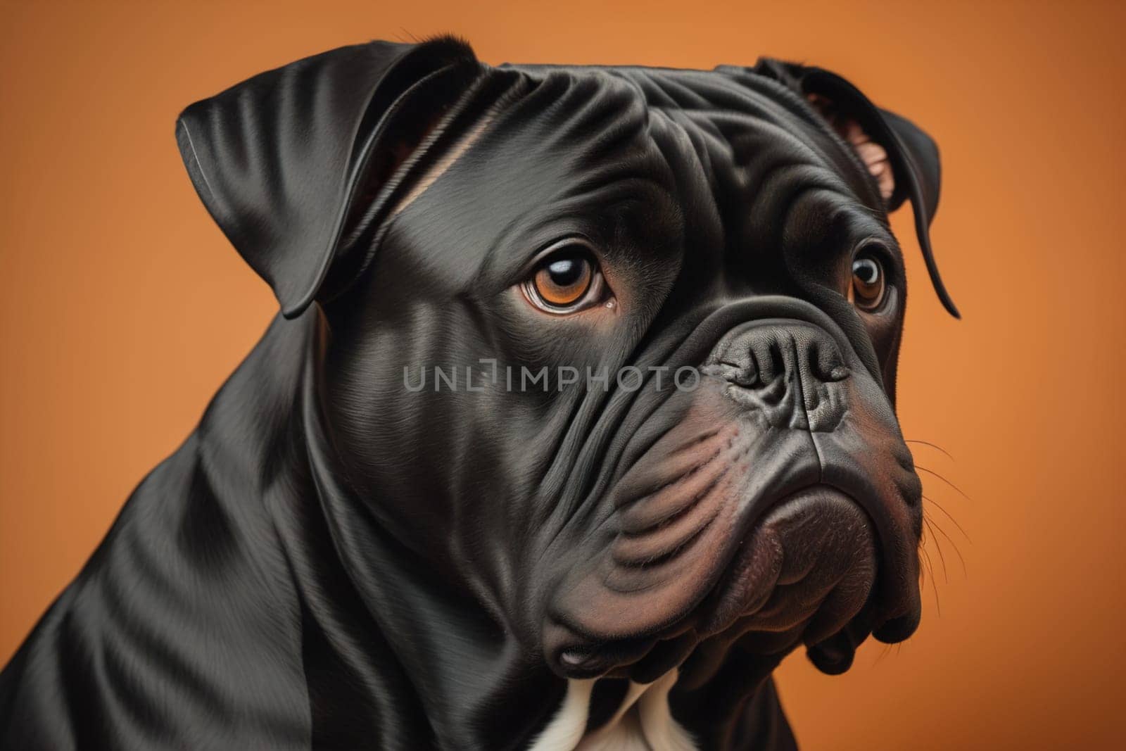 Close up portrait of a cute black dog on a orange background. ai generative