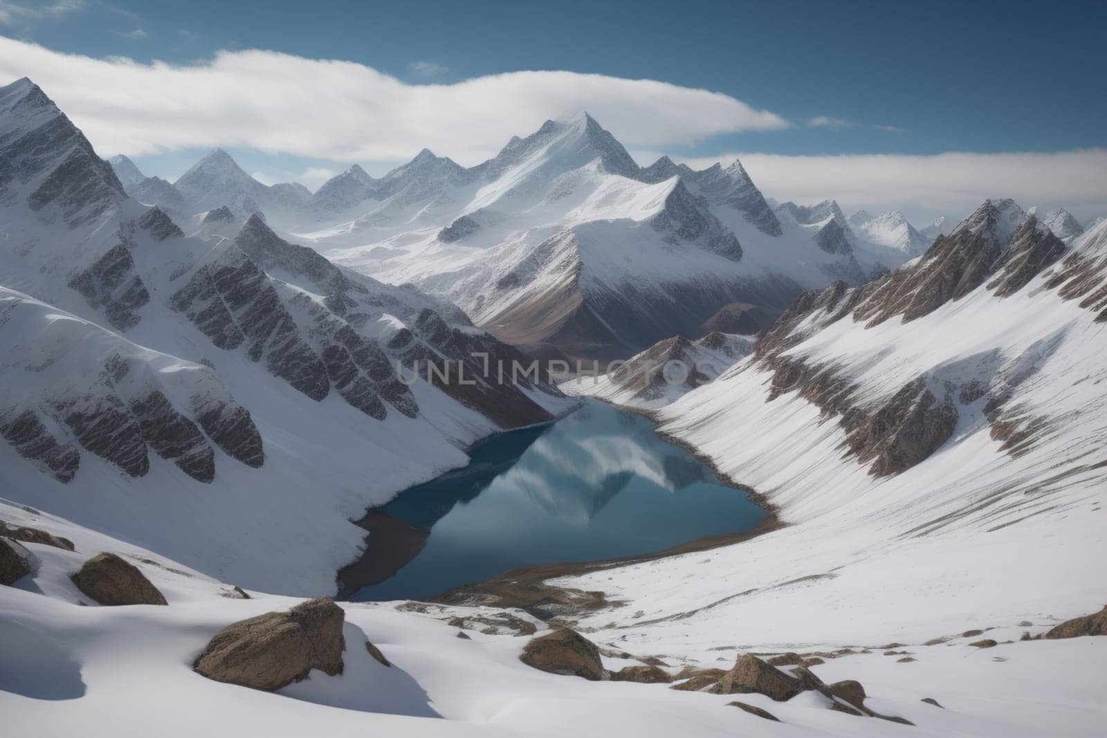 Mountains and snow-capped peaks of the Caucasus Mountains. ai generative by sanisra