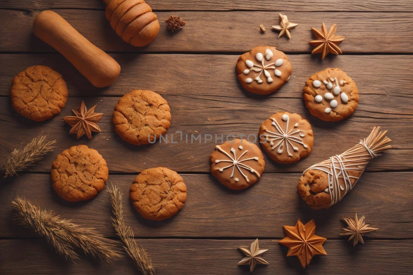 Cookies on a wooden table. Top view. ai generative