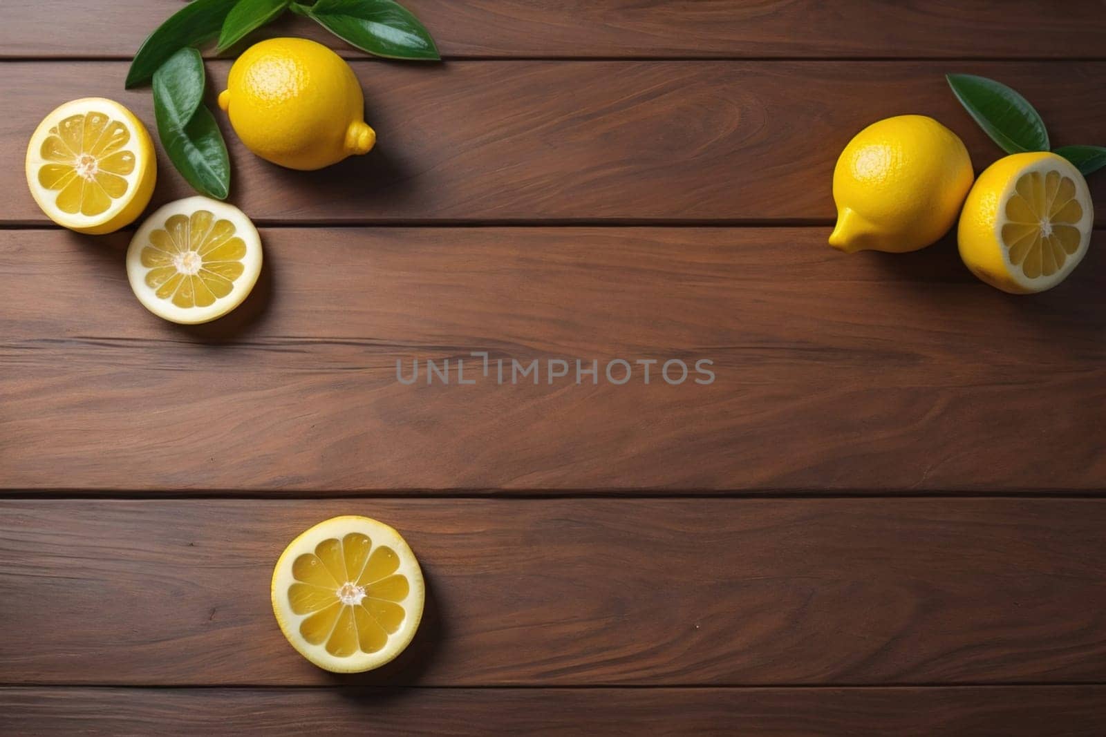 Lemon and slice of lemon on wooden background. Top view. ai generative