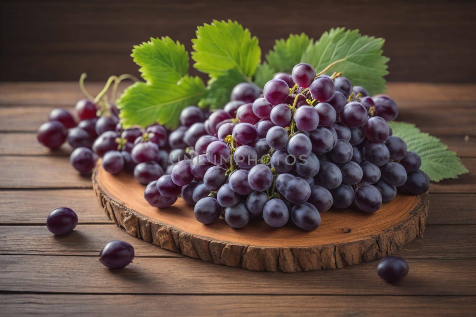 Bunch of fresh grapes on wooden table. Vintage style toned picture. ai generative