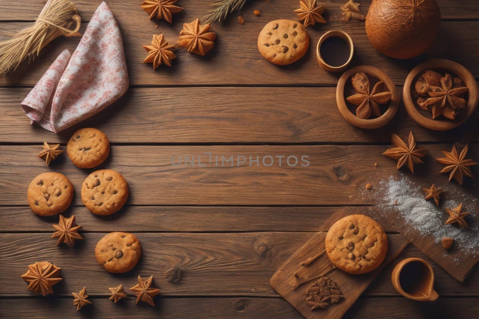 Cookies on a wooden table. Top view. ai generative