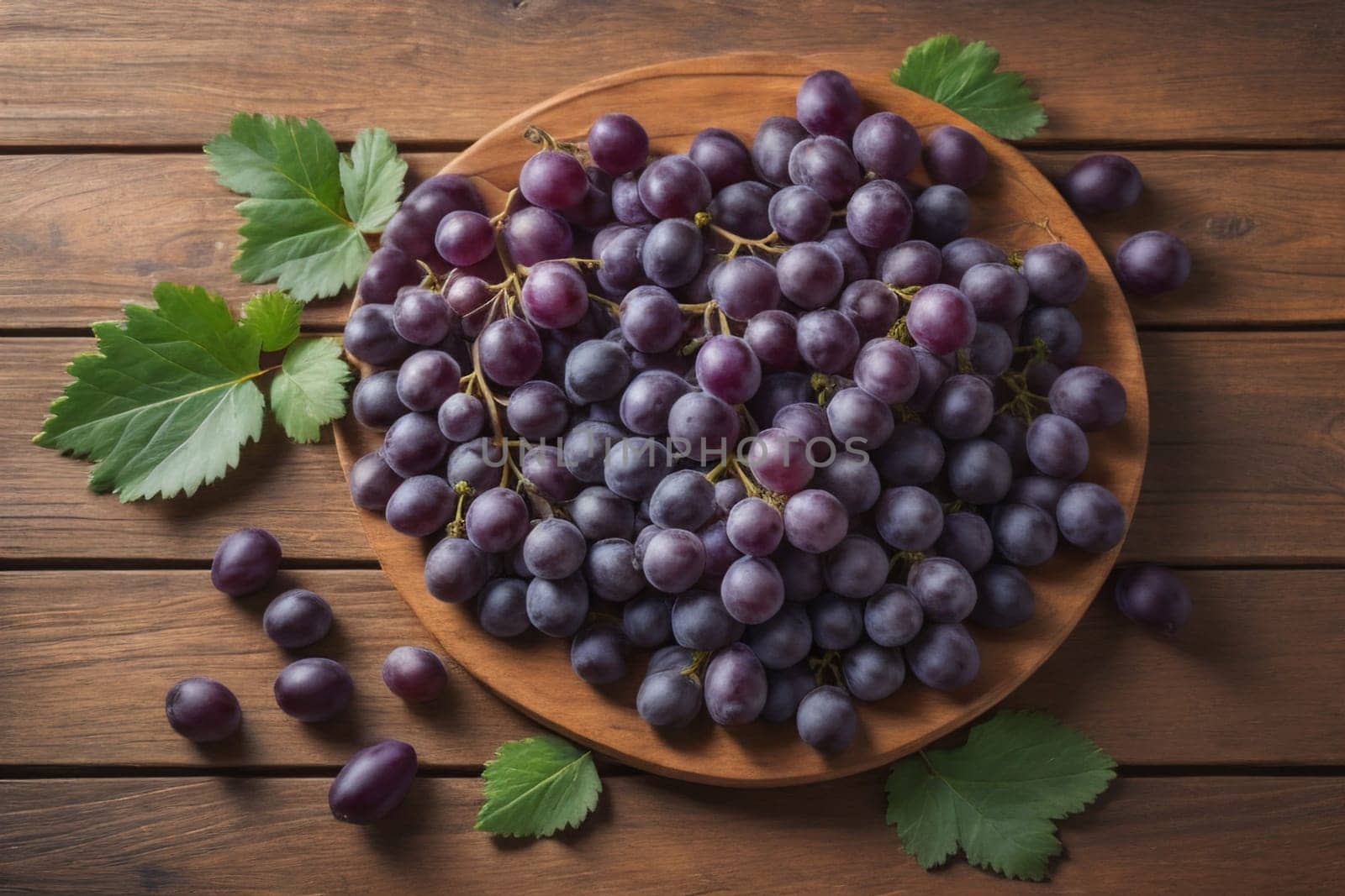 Bunch of fresh grapes on wooden table. Vintage style toned picture. ai generative