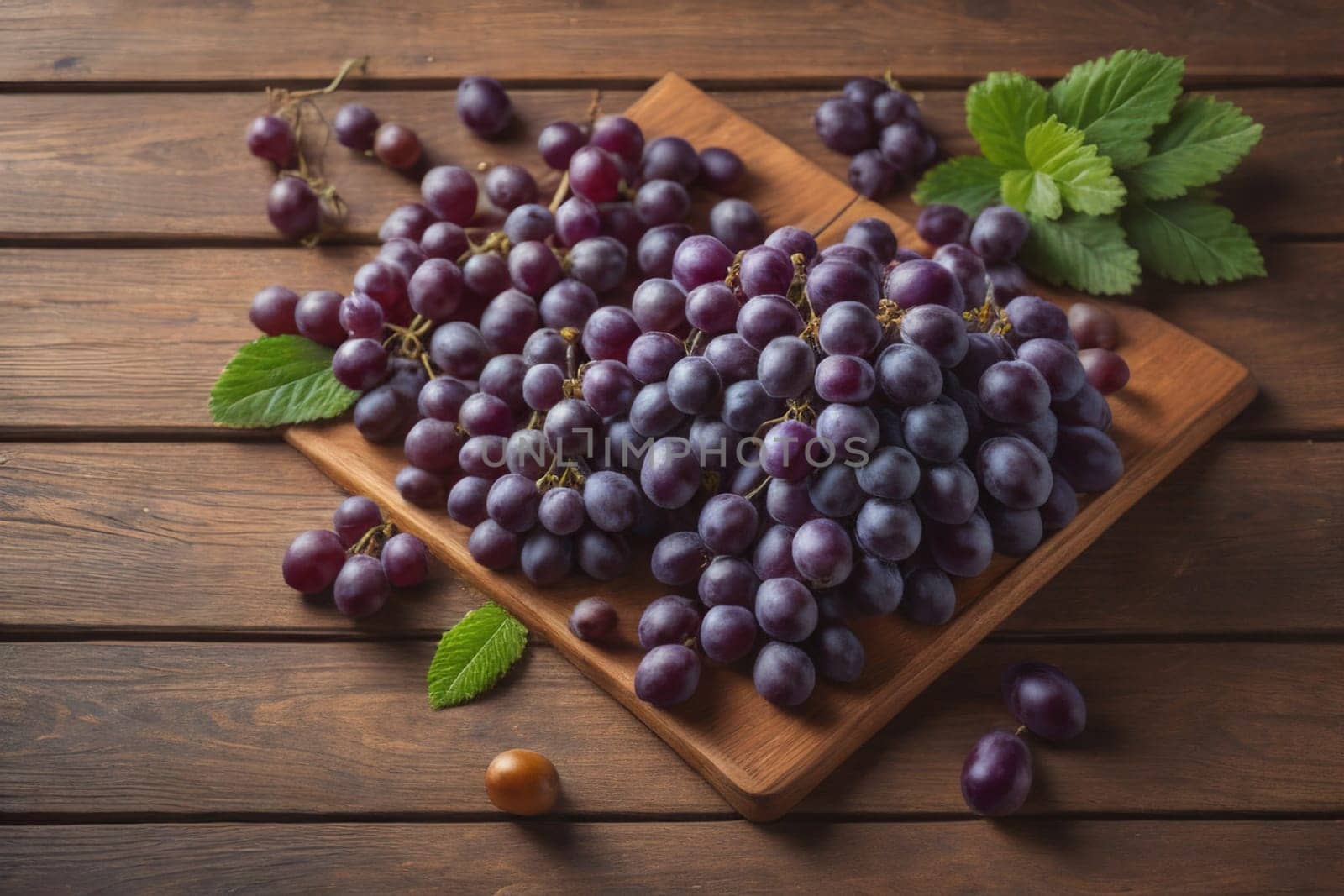 Bunch of fresh grapes on wooden table. Vintage style toned picture. ai generative