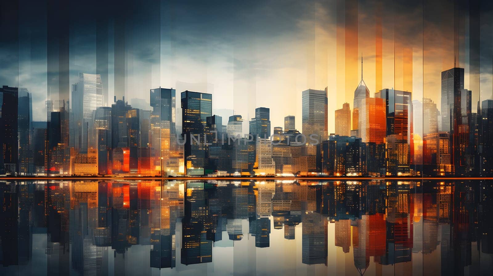 colored abstract city skyline with reflection - modern digital painting - AI generative