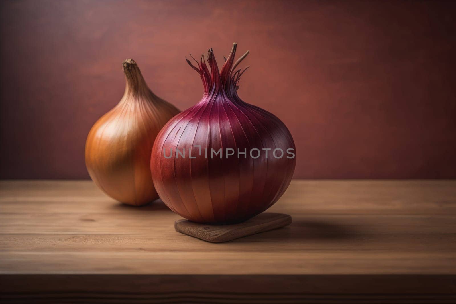 Three onions on a wooden table in front of a solid color background. ai generative