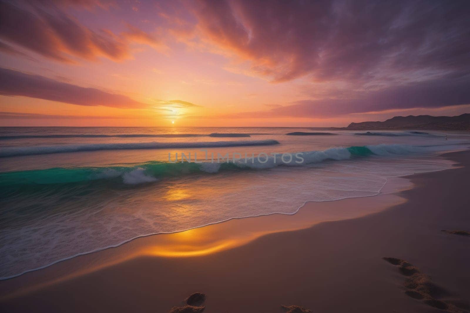 Beautiful sunset on the beach with reflection in the water. Long exposure. ai generative