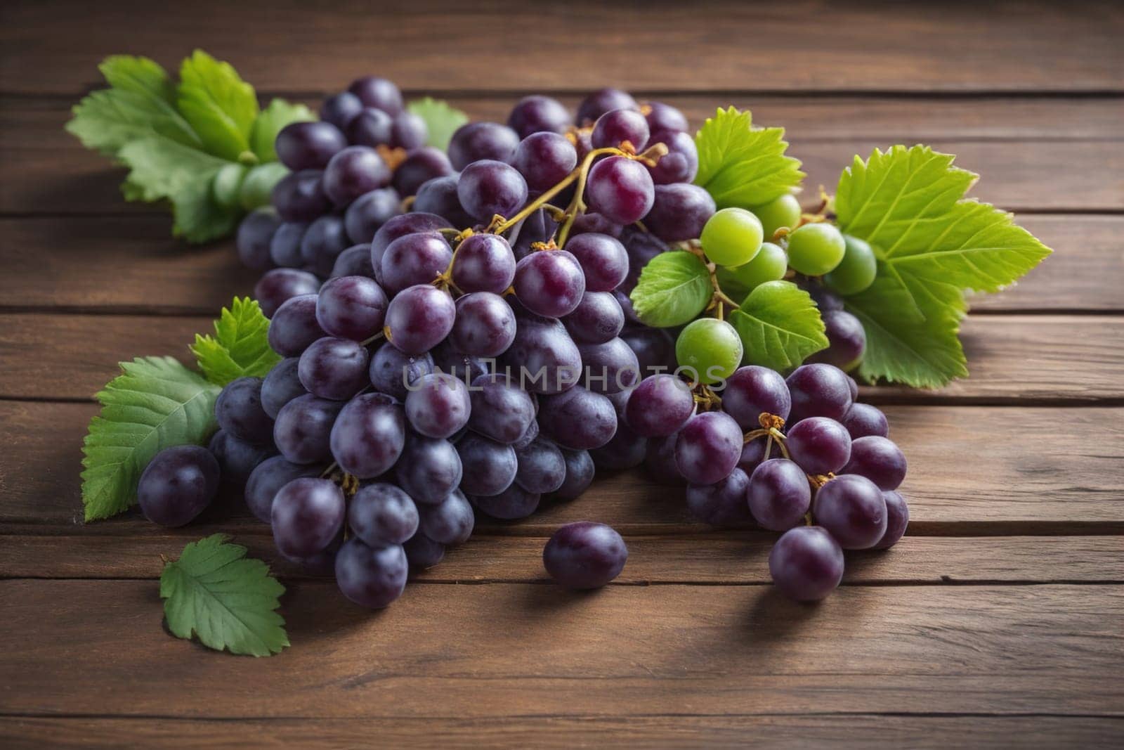 Bunch of fresh grapes on wooden table. Vintage style toned picture. ai generative