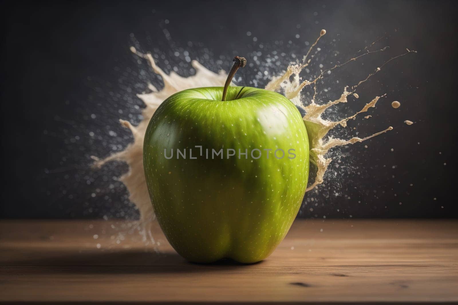 Green apple on a wooden table with dark background, shallow depth of field. The concept of healthy eating. ai generative