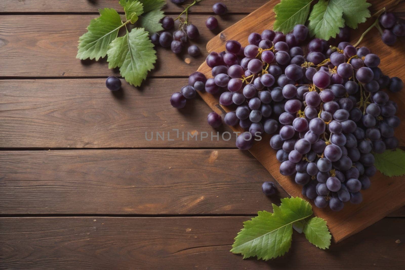 Bunch of fresh grapes on wooden table. Vintage style toned picture. ai generative