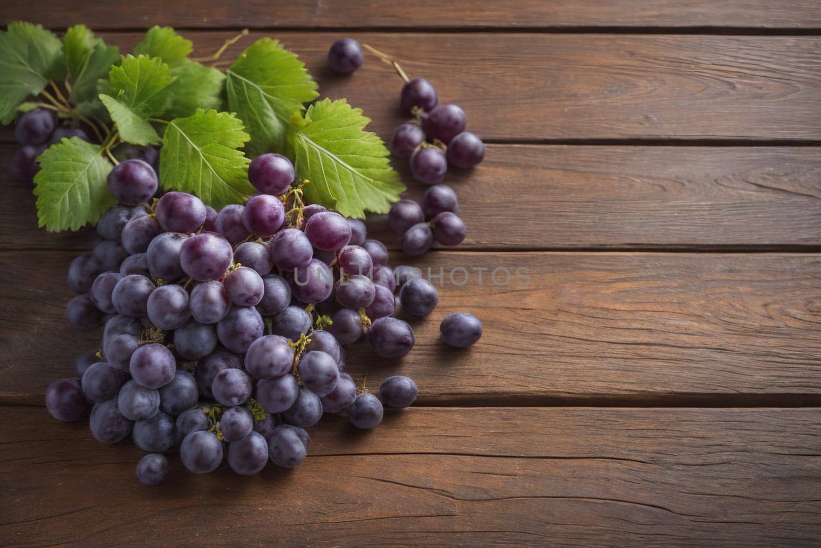 Bunch of fresh grapes on wooden table. Vintage style toned picture. ai generative