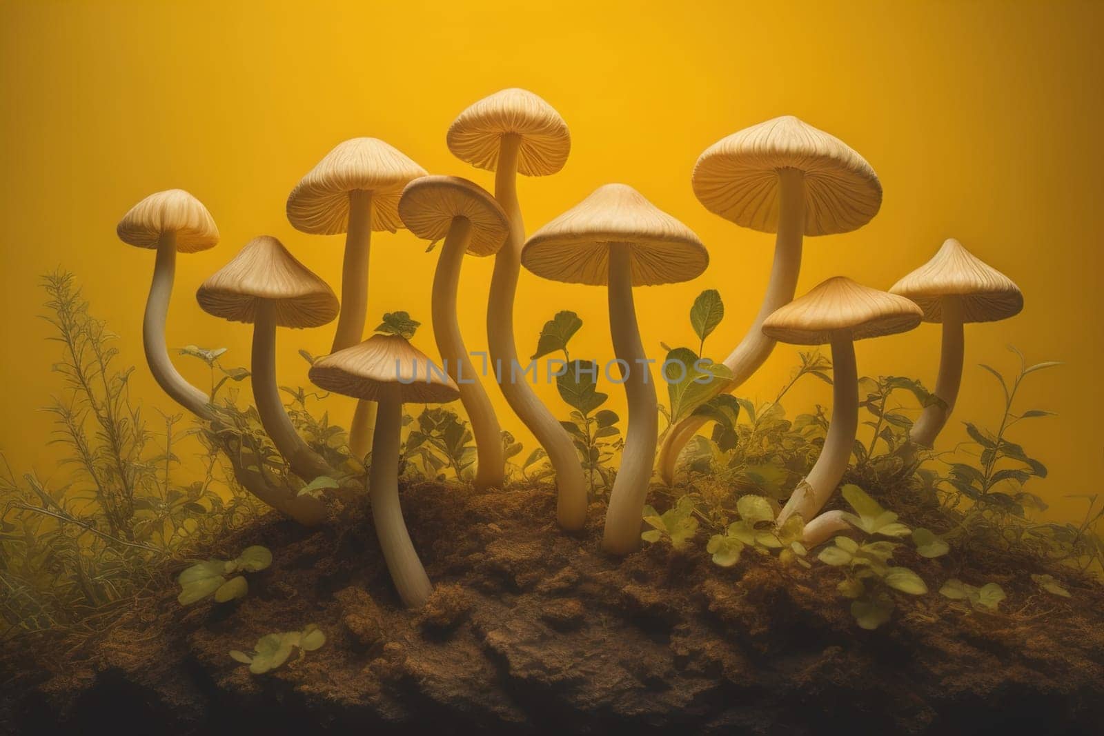 Mushrooms on a solid color background with green moss and water drops. generative ai