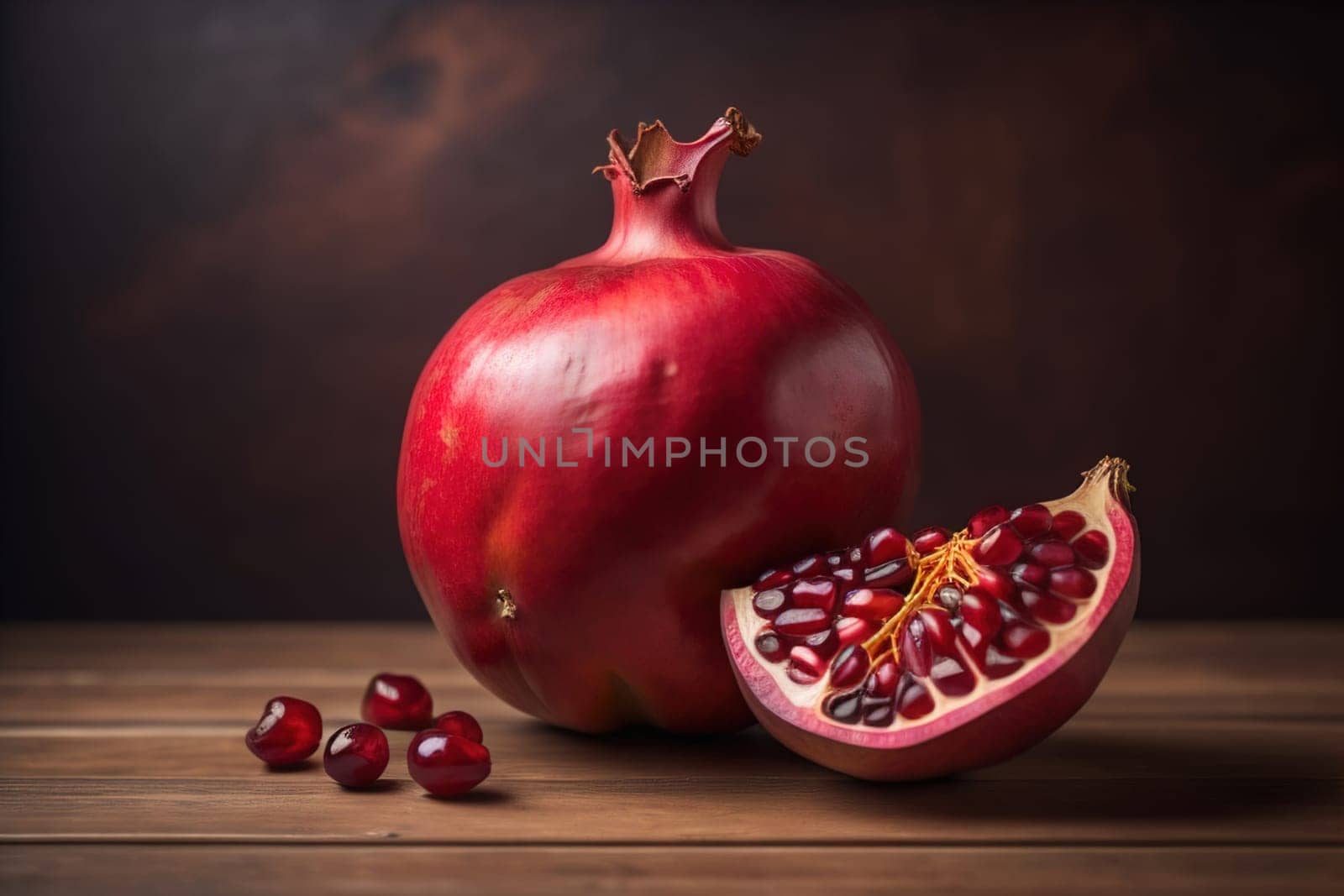 Ripe pomegranate fruit on a wooden background. Still life. ai generative