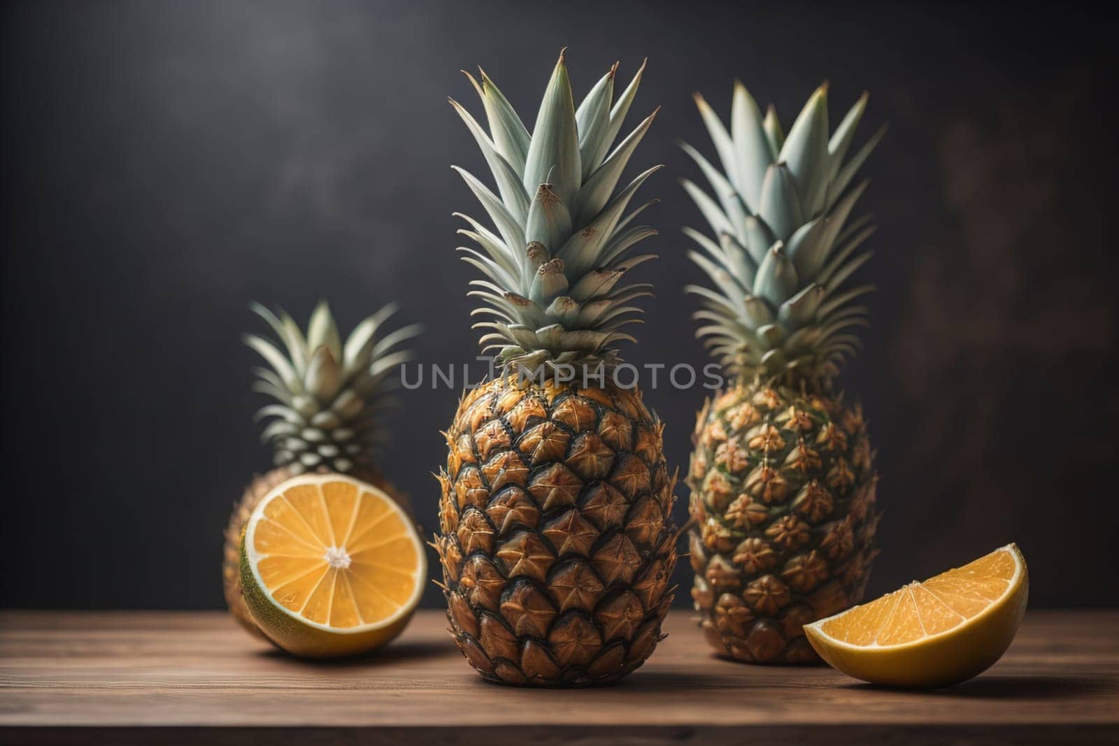 Pineapples on a wooden background. ai generative