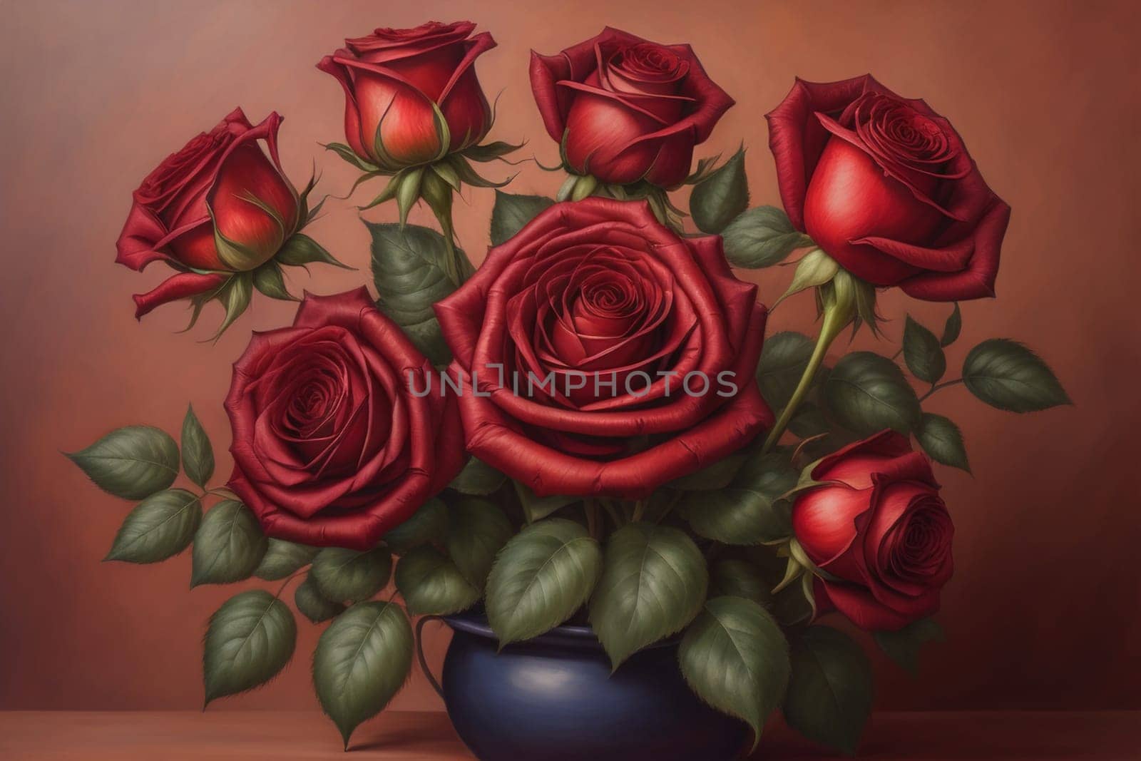 Red roses background. Top view of beautiful red roses with green leaves. ai generative