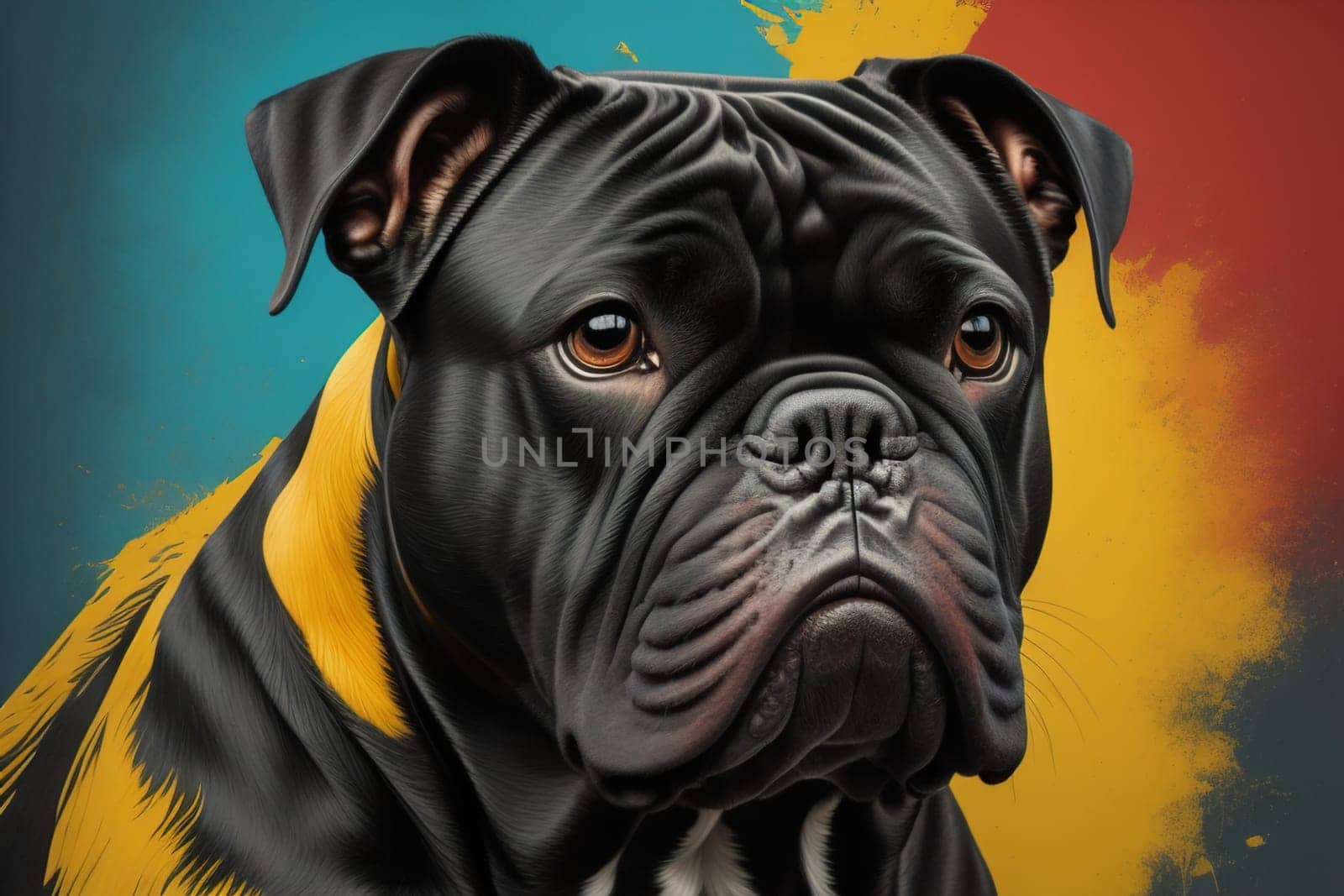 Close up portrait of a cute black dog on a orange background. ai generative by sanisra