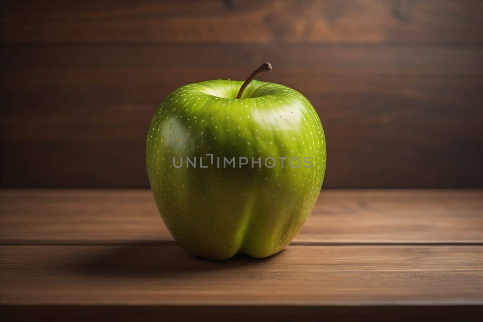 Green apple on a wooden table with dark background, shallow depth of field. The concept of healthy eating. ai generative