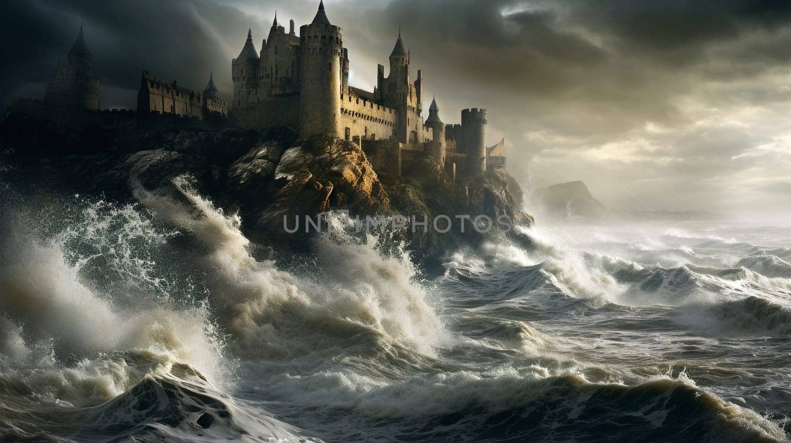 castle under heavy stormy sea - creepy landscape - AI generative