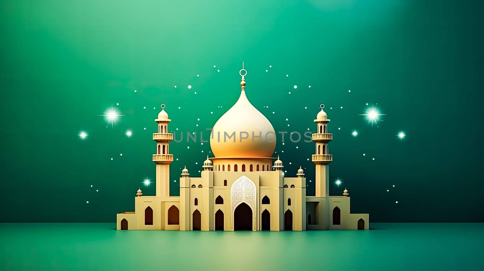 Mosque in moonlight, A Ramadan nights embrace Ramadan Mubarak greetings harmonize with the mosques radiant glow, a festive celebration