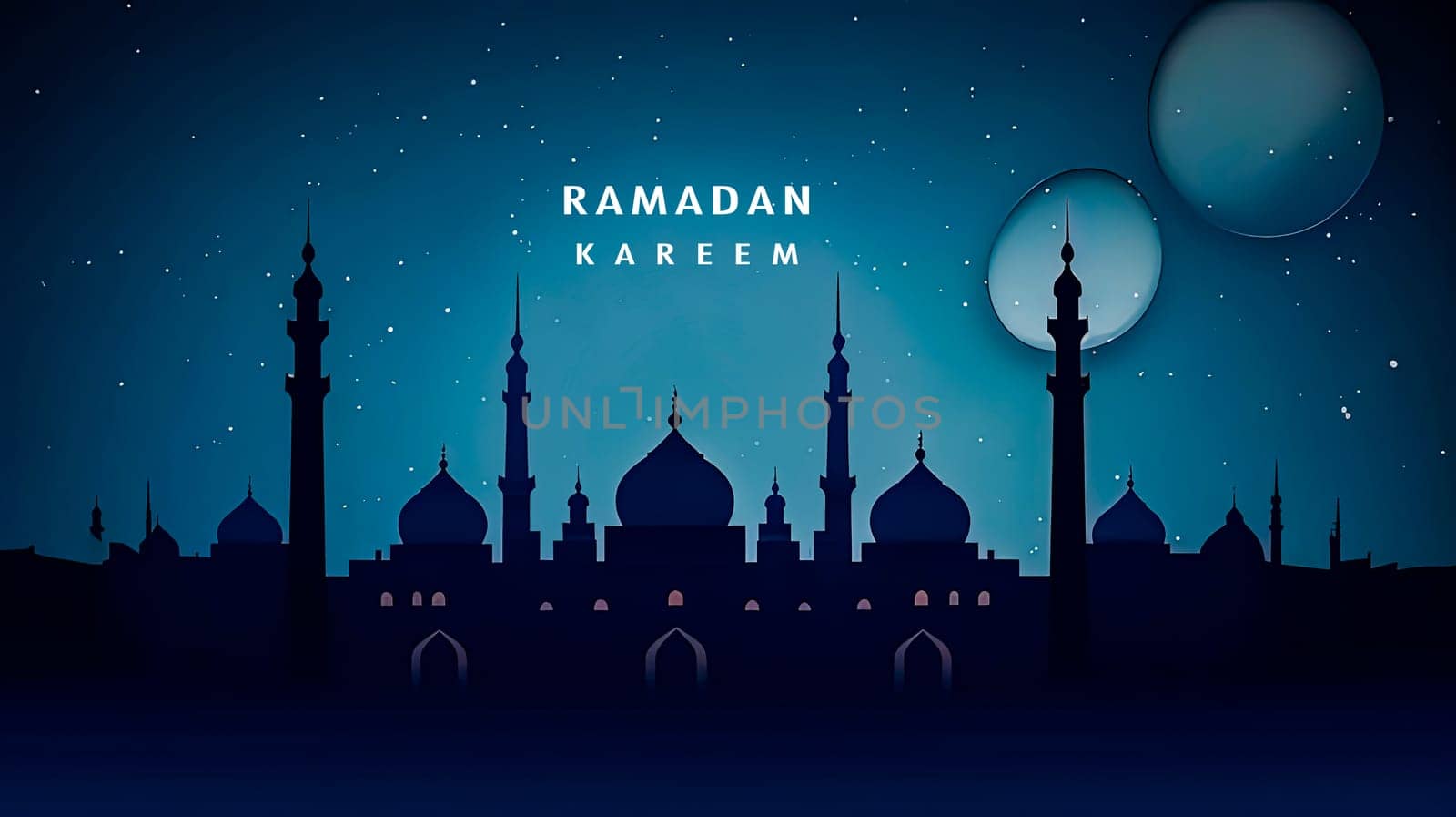 Moonlit mosque, Ramadan celebration in full swing a tranquil scene with Ramadan Mubarak wishes resonating in the serene beauty of the night.