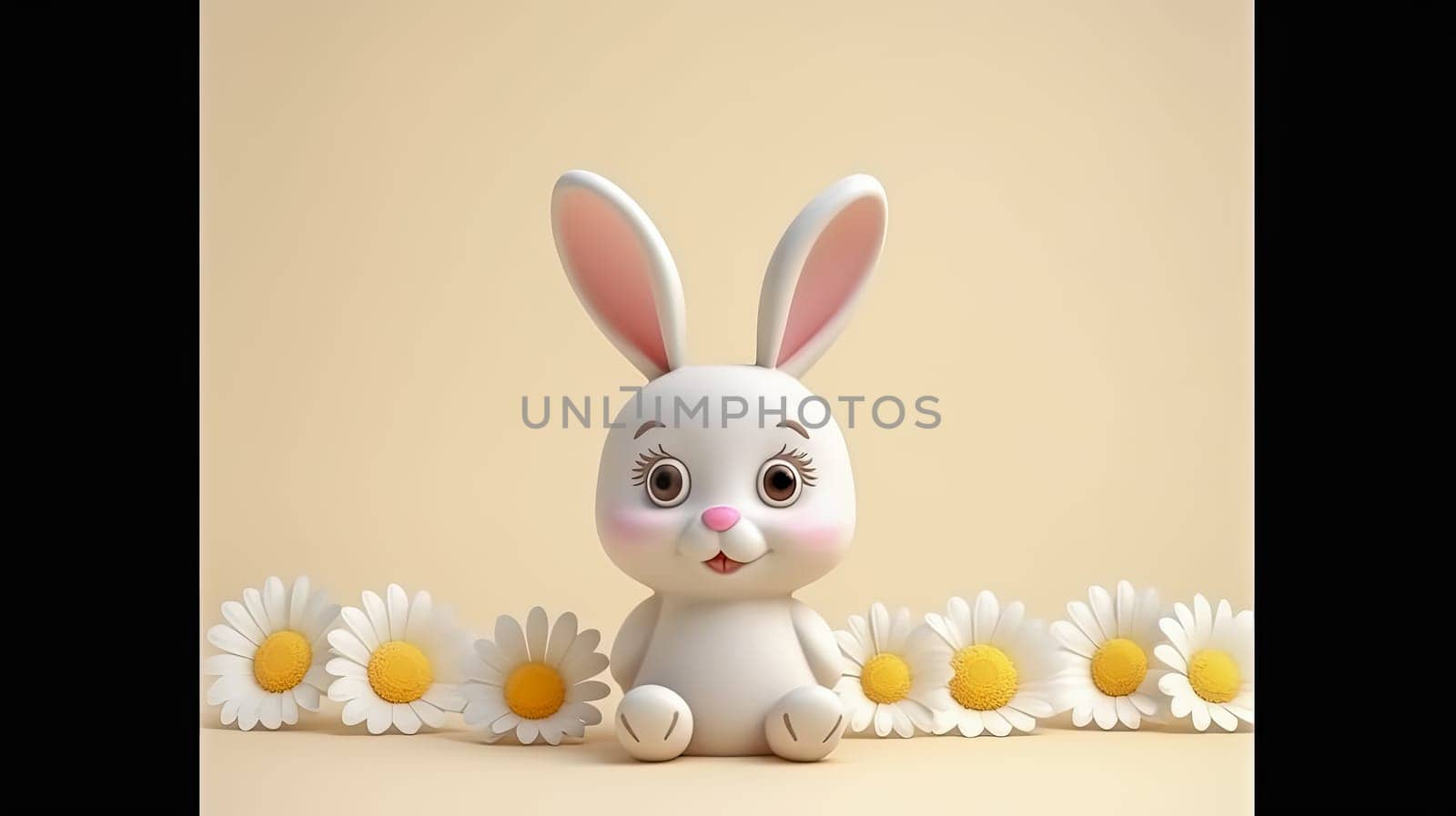 the Easter bunny sits surrounded by daisies against a background of colored paper, a joyful illustration that captures the essence of the festive spirit of Easter and the vibrant energy of spring.